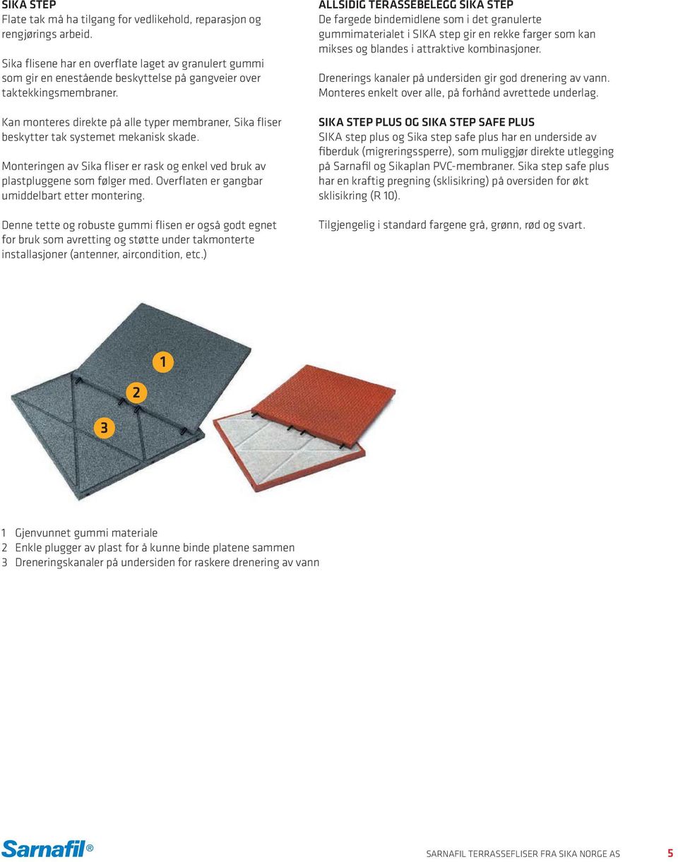 Kan monteres direkte på alle typer membraner, Sika fliser beskytter tak systemet mekanisk skade. Monteringen av Sika fliser er rask og enkel ved bruk av plastpluggene som følger med.