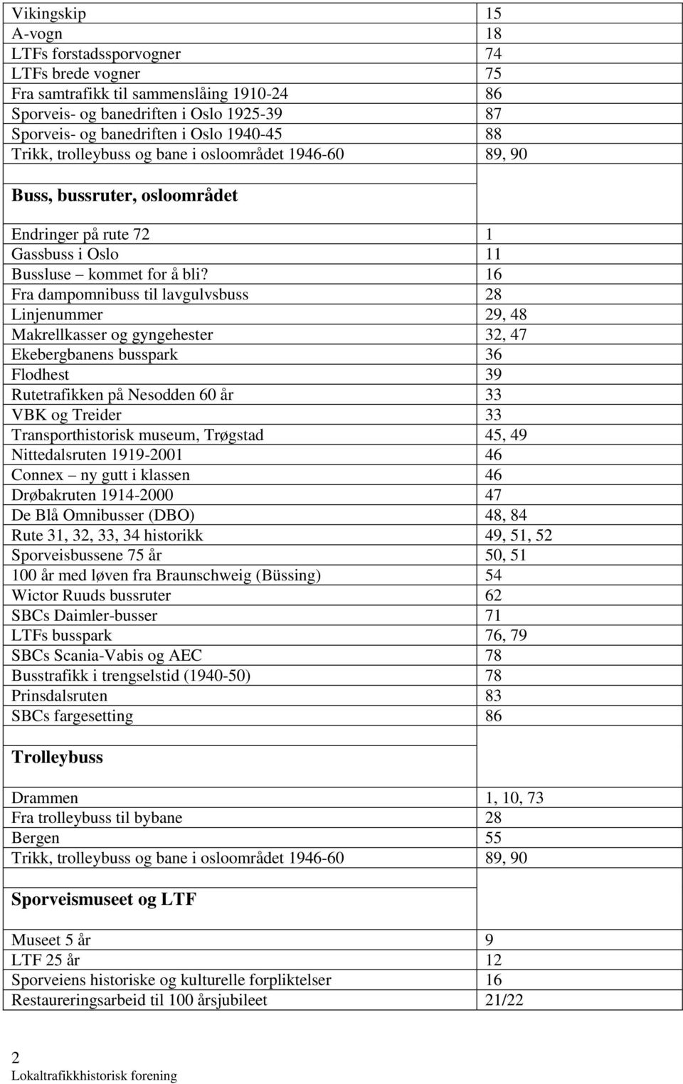 16 Fra dampomnibuss til lavgulvsbuss 28 Linjenummer 29, 48 Makrellkasser og gyngehester 32, 47 Ekebergbanens busspark 36 Flodhest 39 Rutetrafikken på Nesodden 60 år 33 VBK og Treider 33