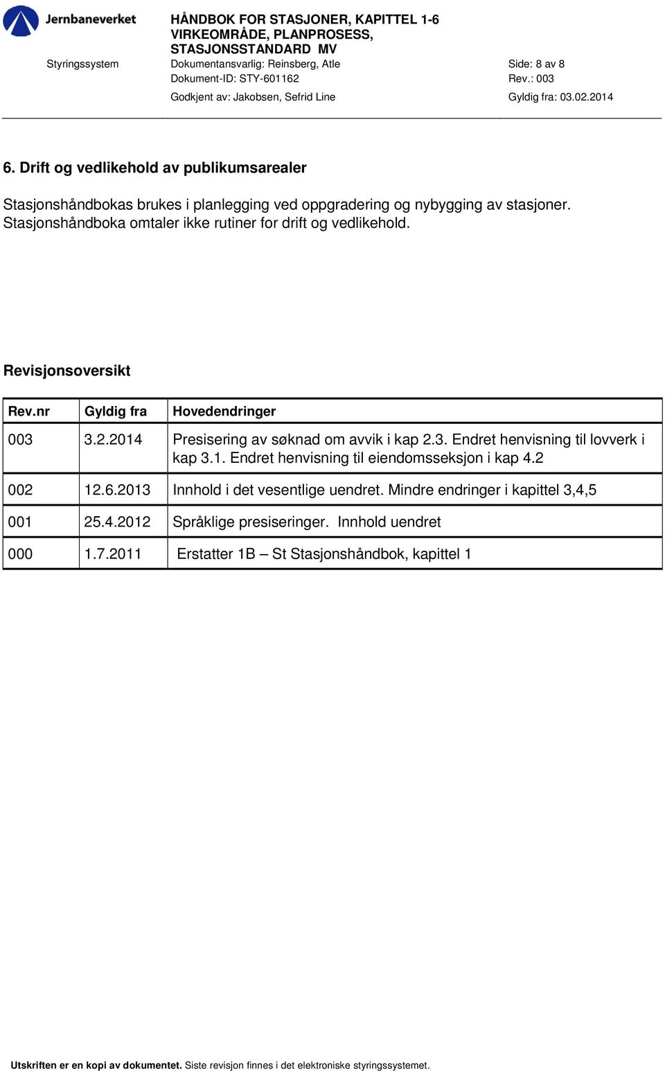 Stasjonshåndboka omtaler ikke rutiner for drift og vedlikehold. Revisjonsoversikt Rev.nr Gyldig fra Hovedendringer 003 3.2.2014 Presisering av søknad om avvik i kap 2.3. Endret henvisning til lovverk i kap 3.