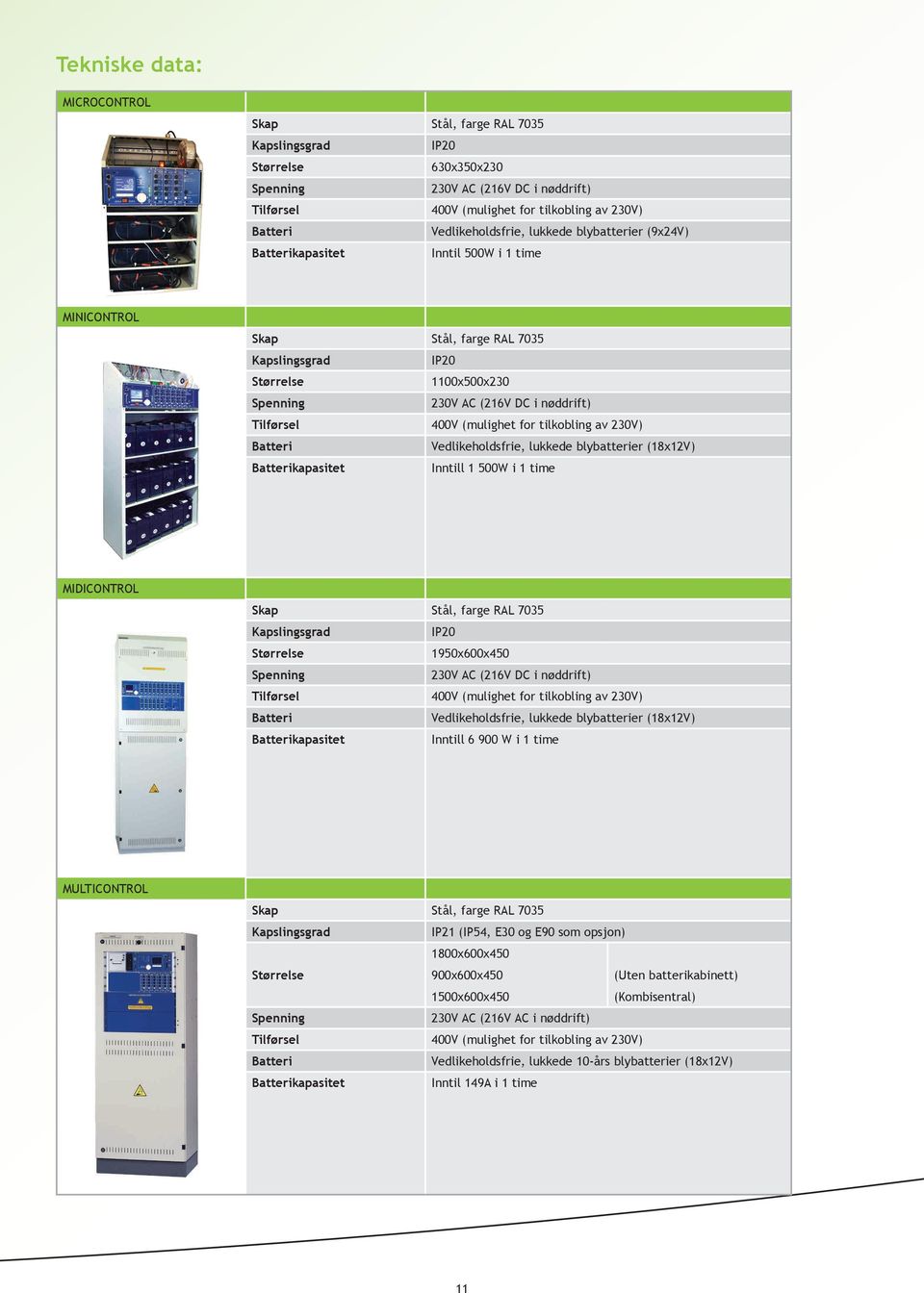 nøddrift) Tilførsel 400V (mulighet for tilkobling av 230V) Batteri Vedlikeholdsfrie, lukkede blybatterier (18x12V) Batterikapasitet Inntill 1 500W i 1 time MIDICONTROL Skap Stål, farge RAL 7035