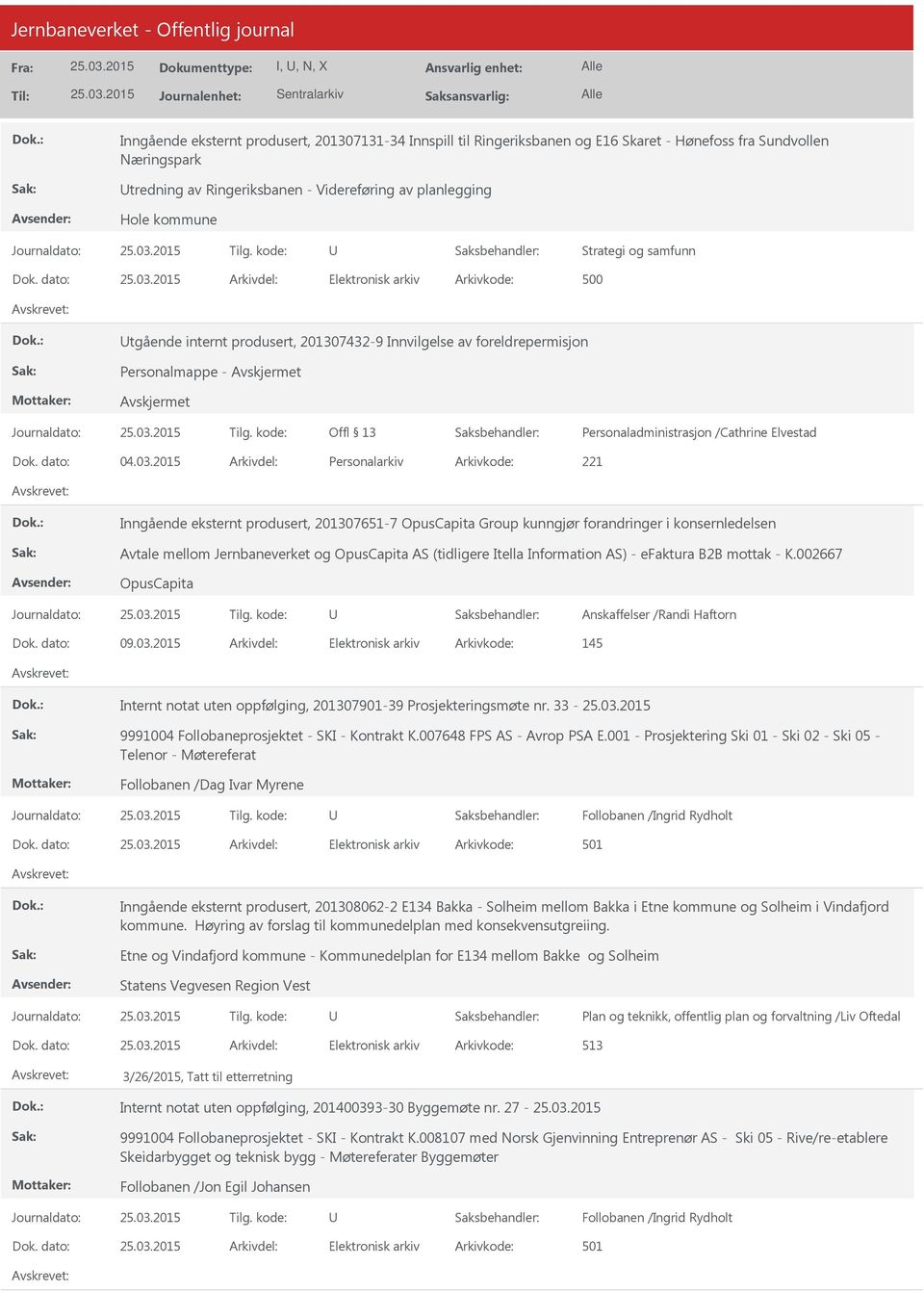 2015 Personalarkiv 221 Inngående eksternt produsert, 201307651-7 OpusCapita Group kunngjør forandringer i konsernledelsen Avtale mellom Jernbaneverket og OpusCapita AS (tidligere Itella Information