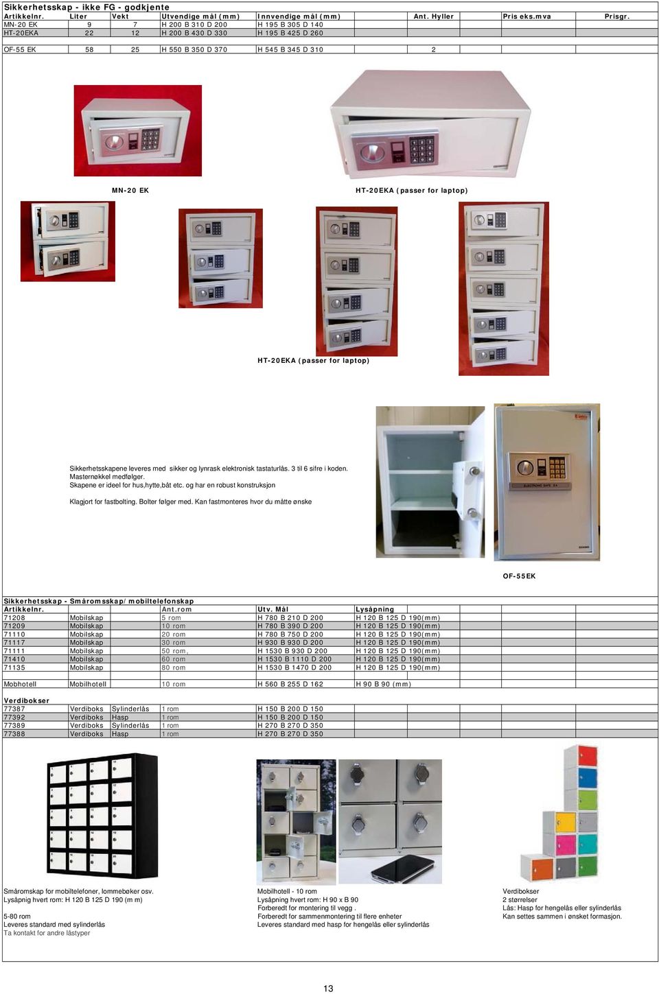 (passer for laptop) Sikkerhetsskapene leveres med sikker og lynrask elektronisk tastaturlås. 3 til 6 sifre i koden. Masternøkkel medfølger. Skapene er ideel for hus,hytte,båt etc.