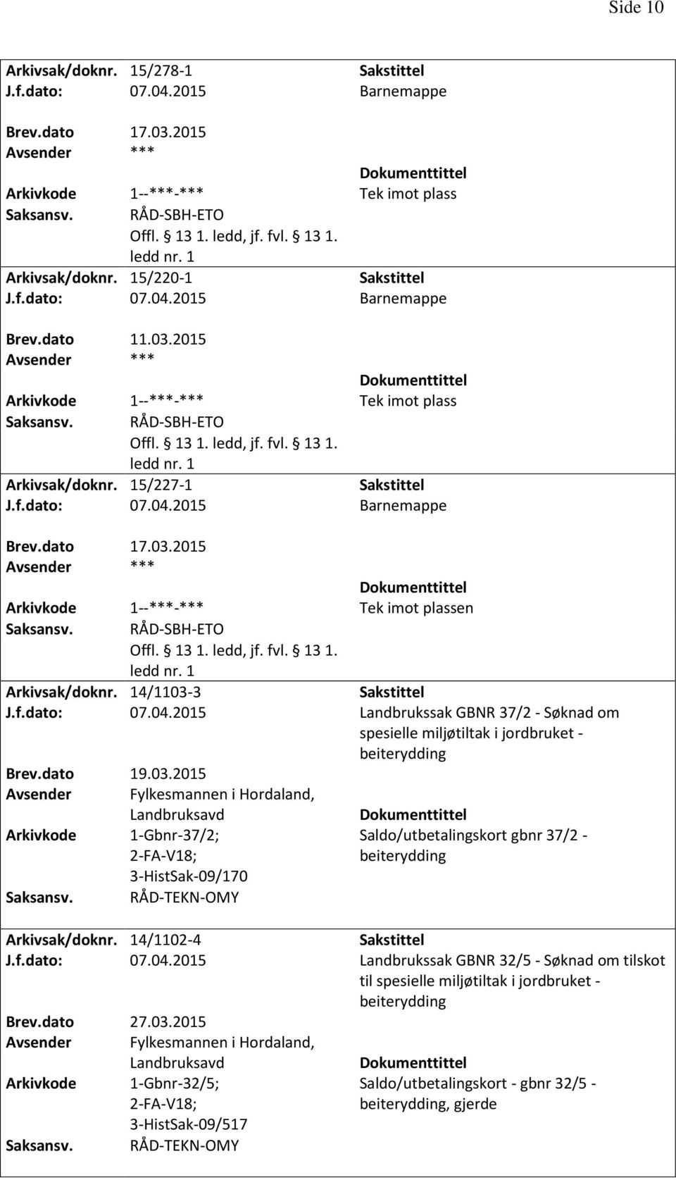 dato 19.03.2015 Avsender Fylkesmannen i Hordaland, Landbruksavd 1-Gbnr-37/2; 2-FA-V18; 3-HistSak-09/170 RÅD-TEKN-OMY Saldo/utbetalingskort gbnr 37/2 - beiterydding Arkivsak/doknr. 14/1102-4 J.f.