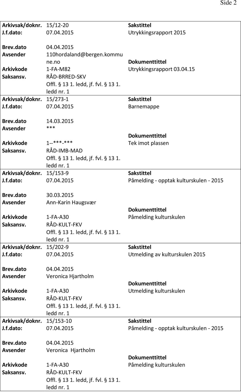 15/202-9 J.f.dato: 07.04.2015 Utmelding av kulturskulen 2015 Brev.dato 04.04.2015 Avsender Veronica Hjartholm 1-FA-A30 Utmelding kulturskulen RÅD-KULT-FKV Arkivsak/doknr. 15/153-10 J.f.dato: 07.04.2015 Påmelding - opptak kulturskulen - 2015 Brev.