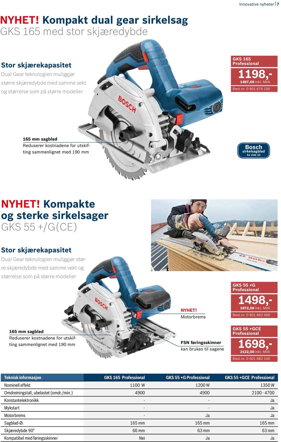 1497,50 inkl. MVA Best.nr. 0 601 676 100 165 mm sagblad Reduserer kostnadene for utskifting sammenlignet med 190 mm Bosch sirkelsagblad Se side 12 NYHET!