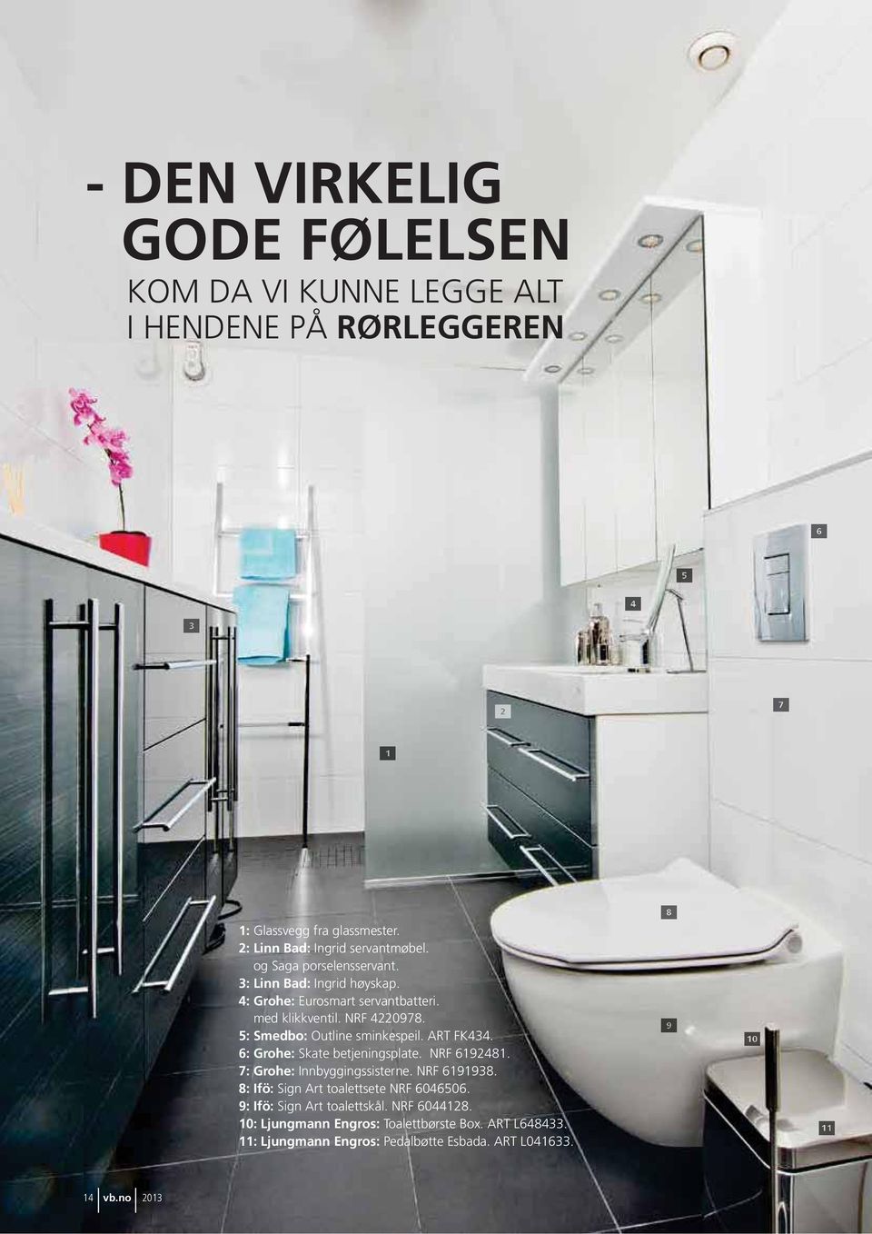 5: Smedbo: Outline sminkespeil. ART FK434. 6: Grohe: Skate betjeningsplate. NRF 6192481. 7: Grohe: Innbyggingssisterne. NRF 6191938.