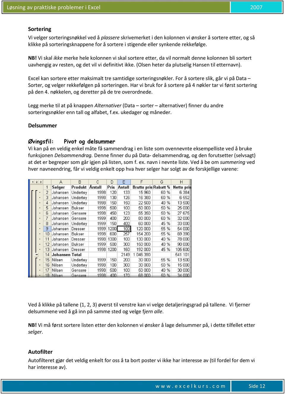 Excel kan sortere etter maksimalt tre samtidige sorteringsnøkler. For å sortere slik, går vi på Data Sorter, og velger rekkefølgen på sorteringen.