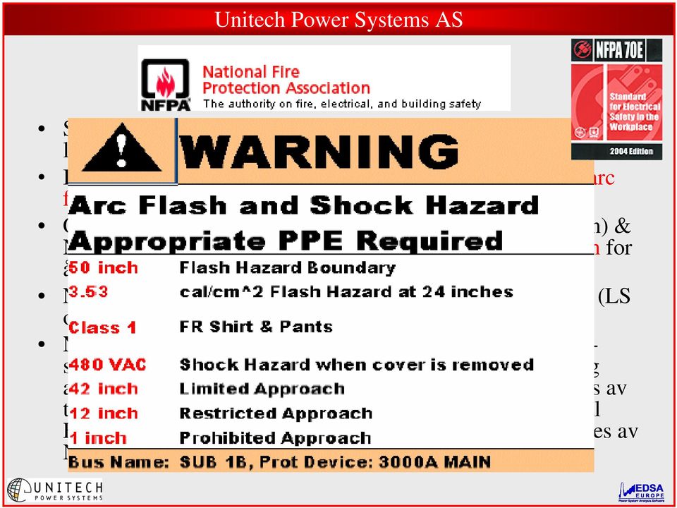 energiberegning gjøres for arc flash for å velge riktig beskyttelsesutstyr (PPE) NEC krever varselskilt for arc flash i tavlerom og på tavler (LS og MS).
