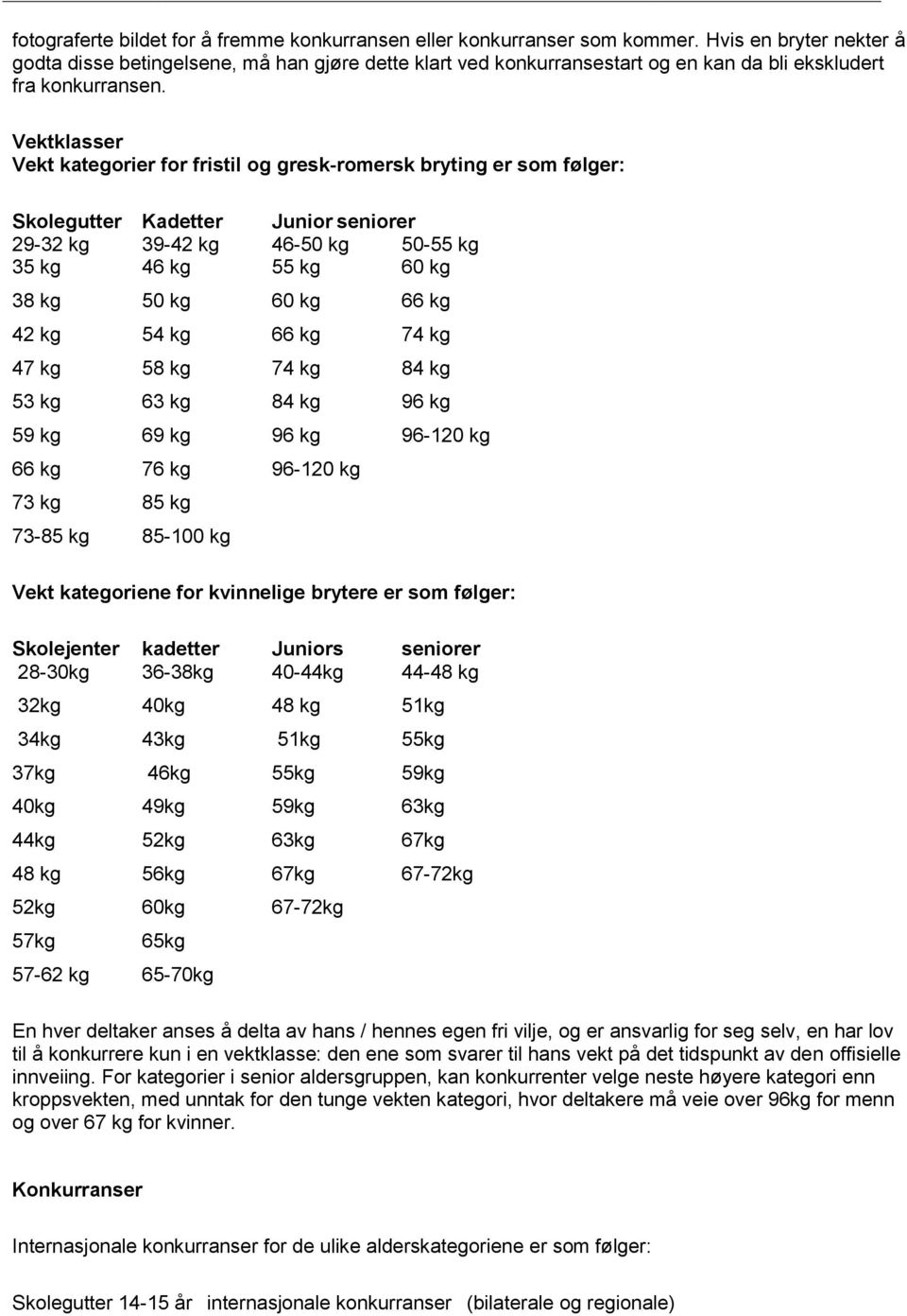 Vektklasser Vekt kategorier for fristil og gresk-romersk bryting er som følger: Skolegutter Kadetter Junior seniorer 29-32 kg 39-42 kg 46-50 kg 50-55 kg 35 kg 46 kg 55 kg 60 kg 38 kg 50 kg 60 kg 66