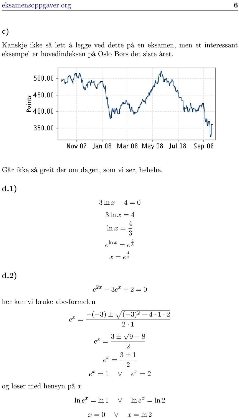 Oslo Børs det siste året. Går ikke så greit der om dagen, som vi ser, hehehe. d.1) ln x 4 = 0 ln x = 4 ln x = 4 e ln x = e 4 x = e 4 d.