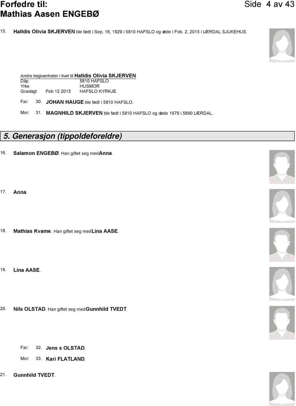 31. MAGNHILD SKJERVEN ble født i 5810 HAFSLO og døde 1979 i 5890 LÆRDAL. 5. Generasjon (tippoldeforeldre) 16. Salamon ENGEBØ. Han giftet seg med Anna. 17.