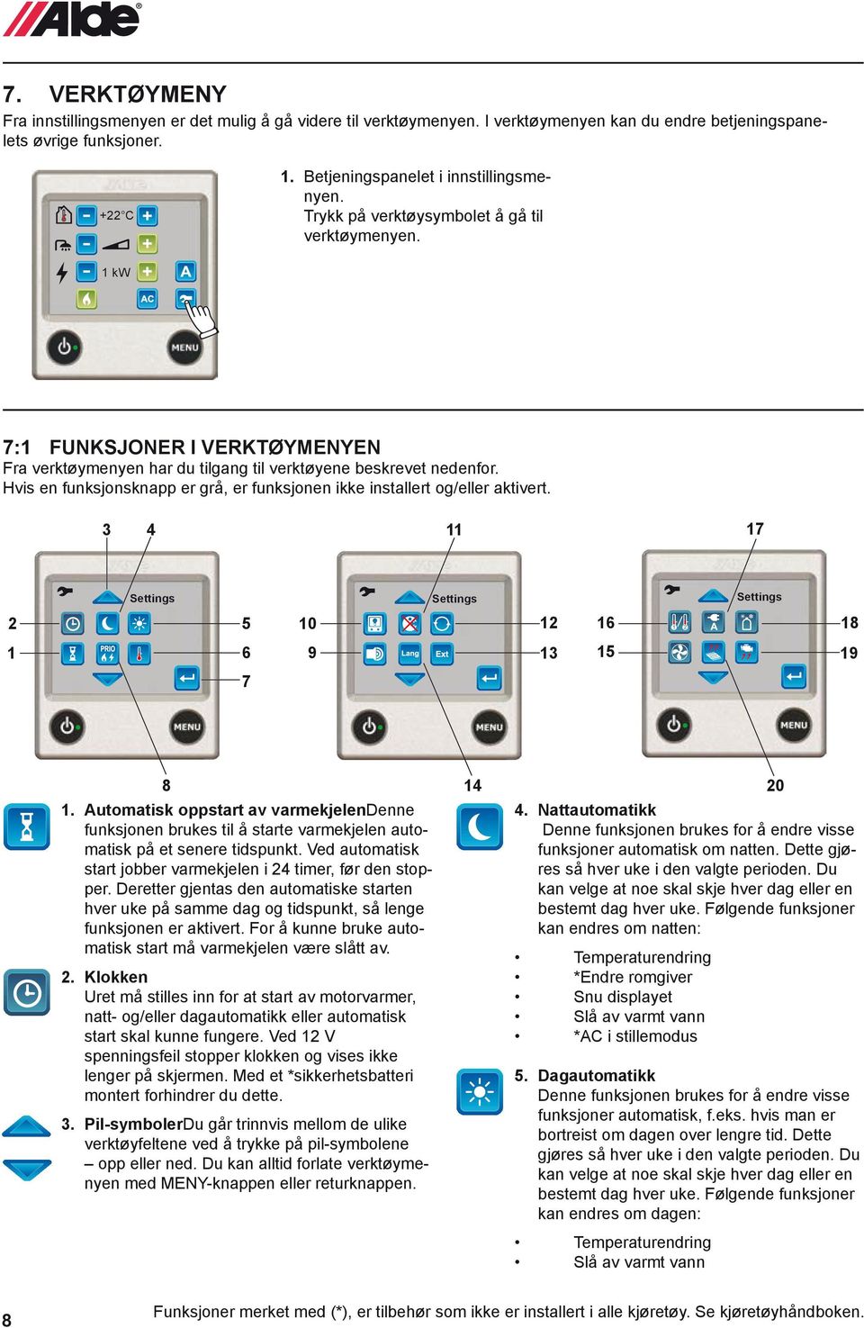 Hvis en funksjonsknapp er grå, er funksjonen ikke installert og/eller aktivert. 3 4 11 17 Settings Settings Settings 2 5 10 12 16 18 1 6 9 13 15 19 7 8 1.