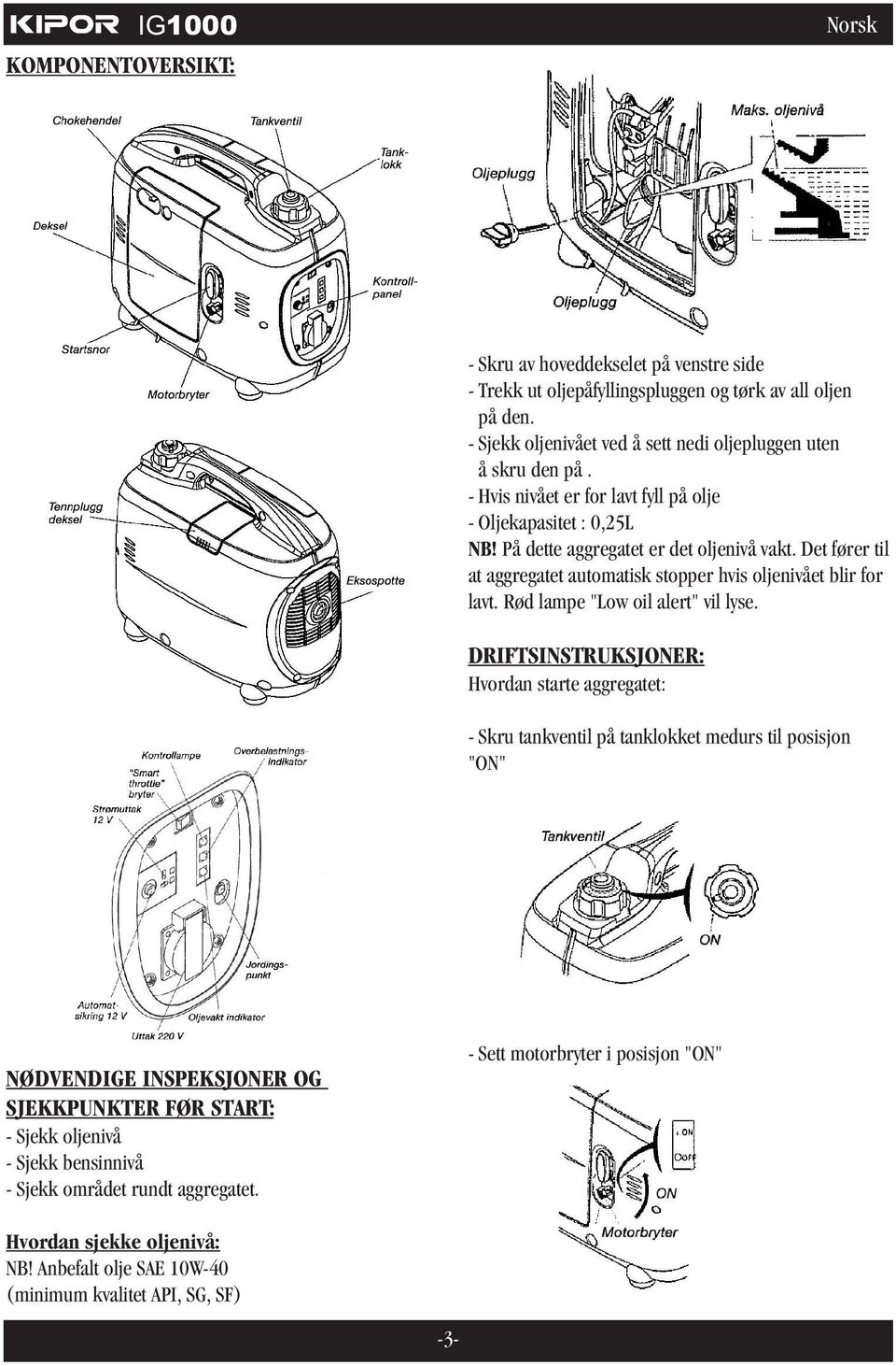 Rød lampe "Low oil alert" vil lyse.