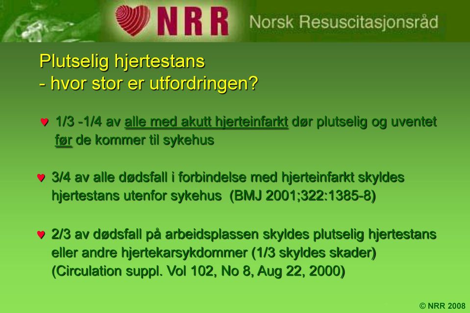 dødsfall i forbindelse med hjerteinfarkt skyldes hjertestans utenfor sykehus (BMJ 2001;322:1385-8) 2/3