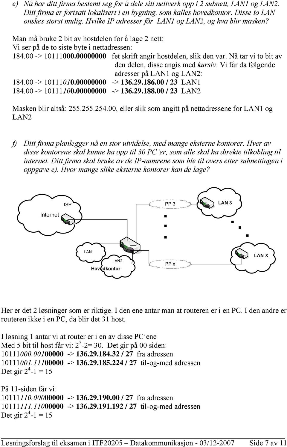 00000000 fet skrift angir hostdelen, slik den var. Nå tar vi to bit av den delen, disse angis med kursiv. Vi får da følgende adresser på LAN1 og LAN2: 184.00 -> 10111010.00000000 -> 136.29.186.