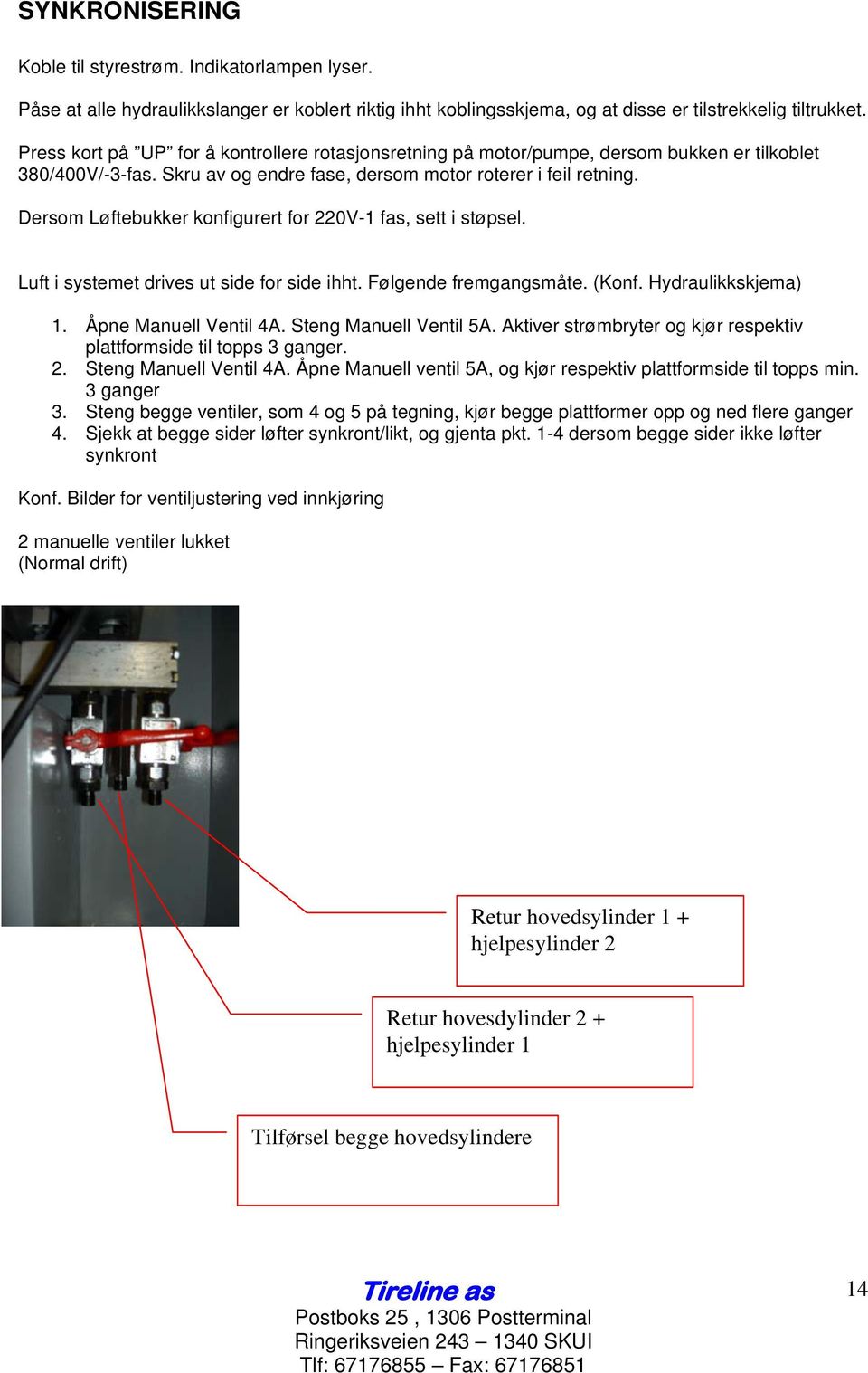 Dersom Løftebukker konfigurert for 220V-1 fas, sett i støpsel. Luft i systemet drives ut side for side ihht. Følgende fremgangsmåte. (Konf. Hydraulikkskjema) 1. Åpne Manuell Ventil 4A.