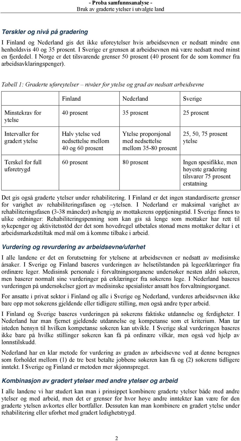 Tabell 1: Graderte uføreytelser nivåer for ytelse og grad av nedsatt arbeidsevne Finland Nederland Sverige Minstekrav for ytelse 40 prosent 35 prosent 25 prosent Intervaller for gradert ytelse Halv
