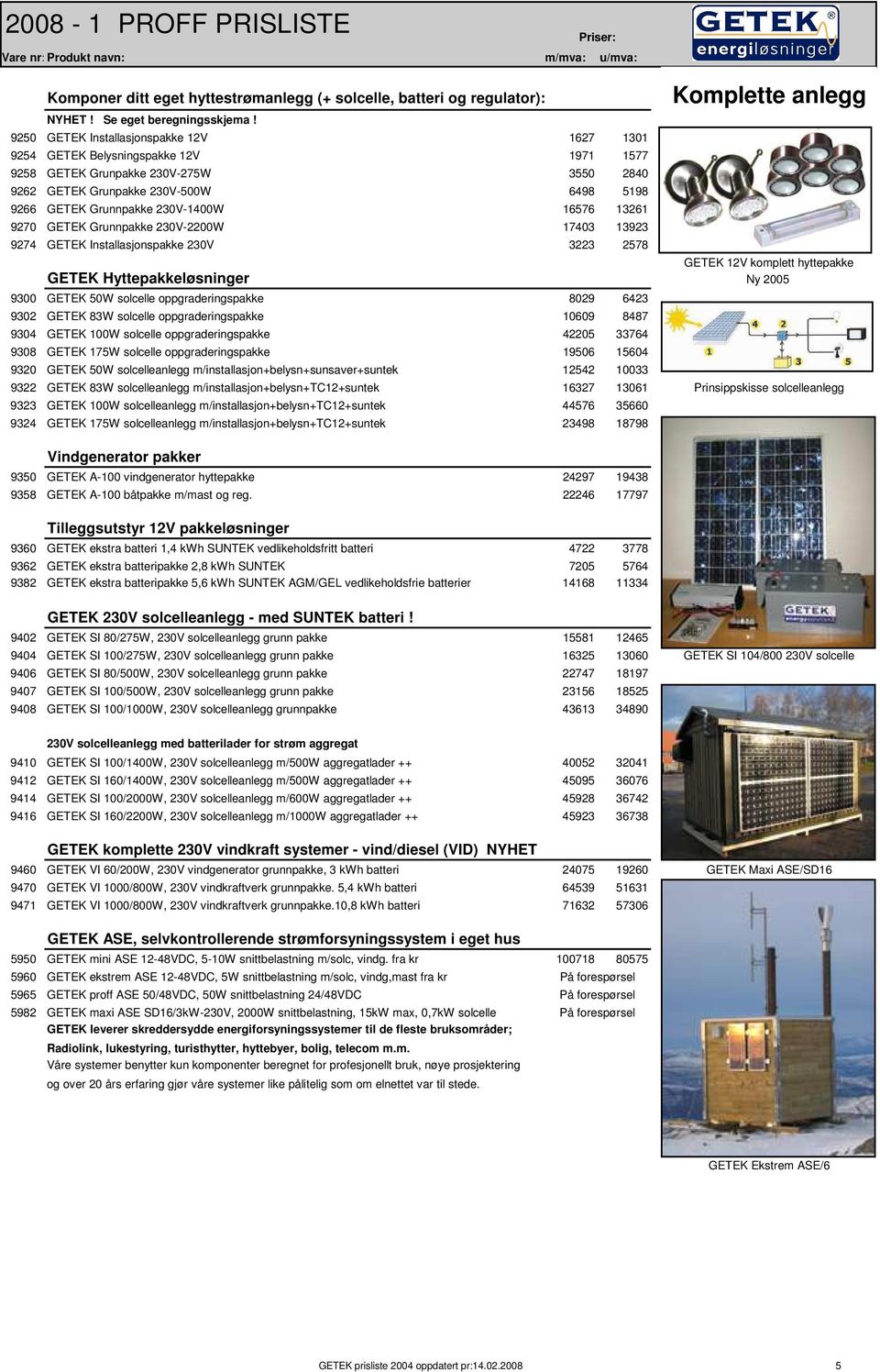 16576 13261 9270 GETEK Grunnpakke 230V-2200W 17403 13923 9274 GETEK Installasjonspakke 230V 3223 2578 GETEK 12V komplett hyttepakke GETEK Hyttepakkeløsninger Ny 2005 9300 GETEK 50W solcelle