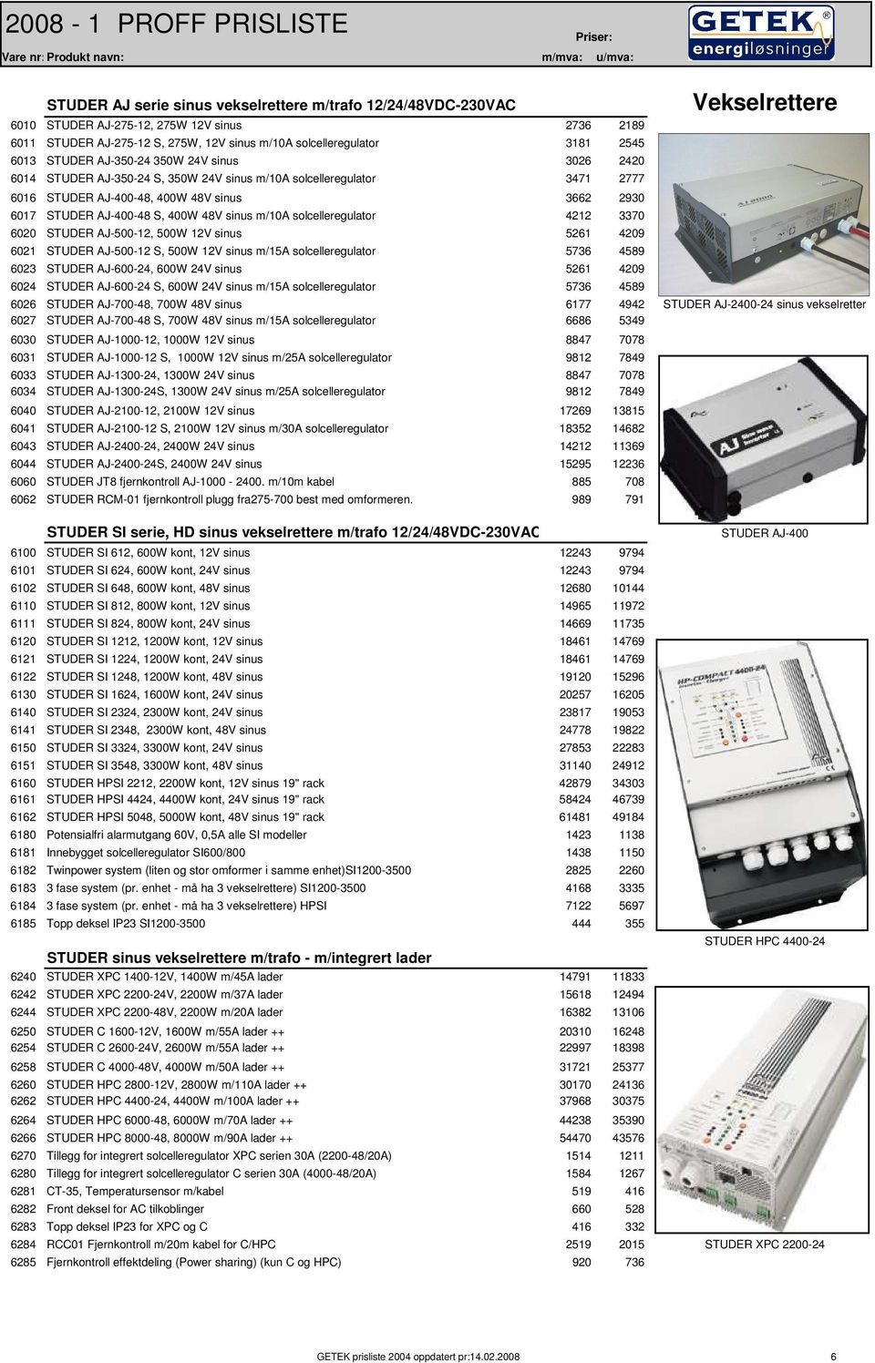 m/10a solcelleregulator 4212 3370 6020 STUDER AJ-500-12, 500W 12V sinus 5261 4209 6021 STUDER AJ-500-12 S, 500W 12V sinus m/15a solcelleregulator 5736 4589 6023 STUDER AJ-600-24, 600W 24V sinus 5261