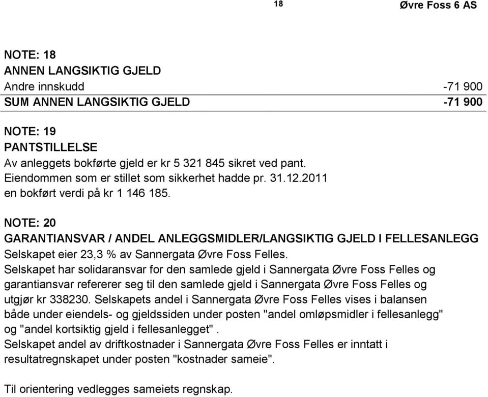 NOTE: 20 GARANTIANSVAR / ANDEL ANLEGGSMIDLER/LANGSIKTIG GJELD I FELLESANLEGG Selskapet eier 23,3 % av Sannergata Øvre Foss Felles.