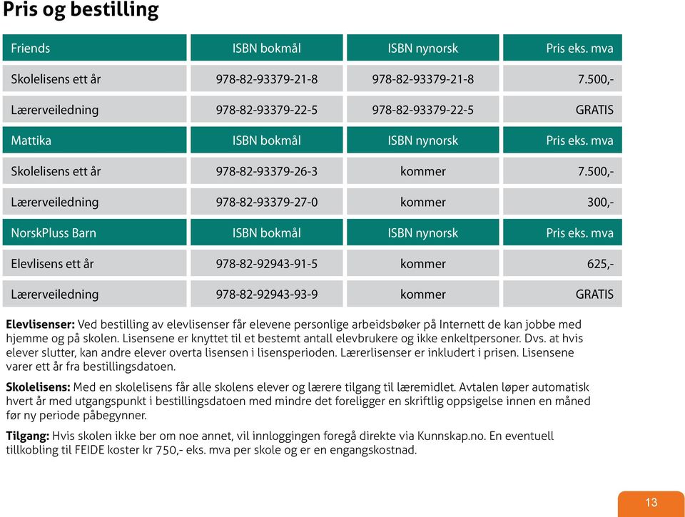 500,- Lærerveiledning 978-82-93379-27-0 kommer 300,- NorskPluss Barn ISBN bokmål ISBN nynorsk Pris eks.
