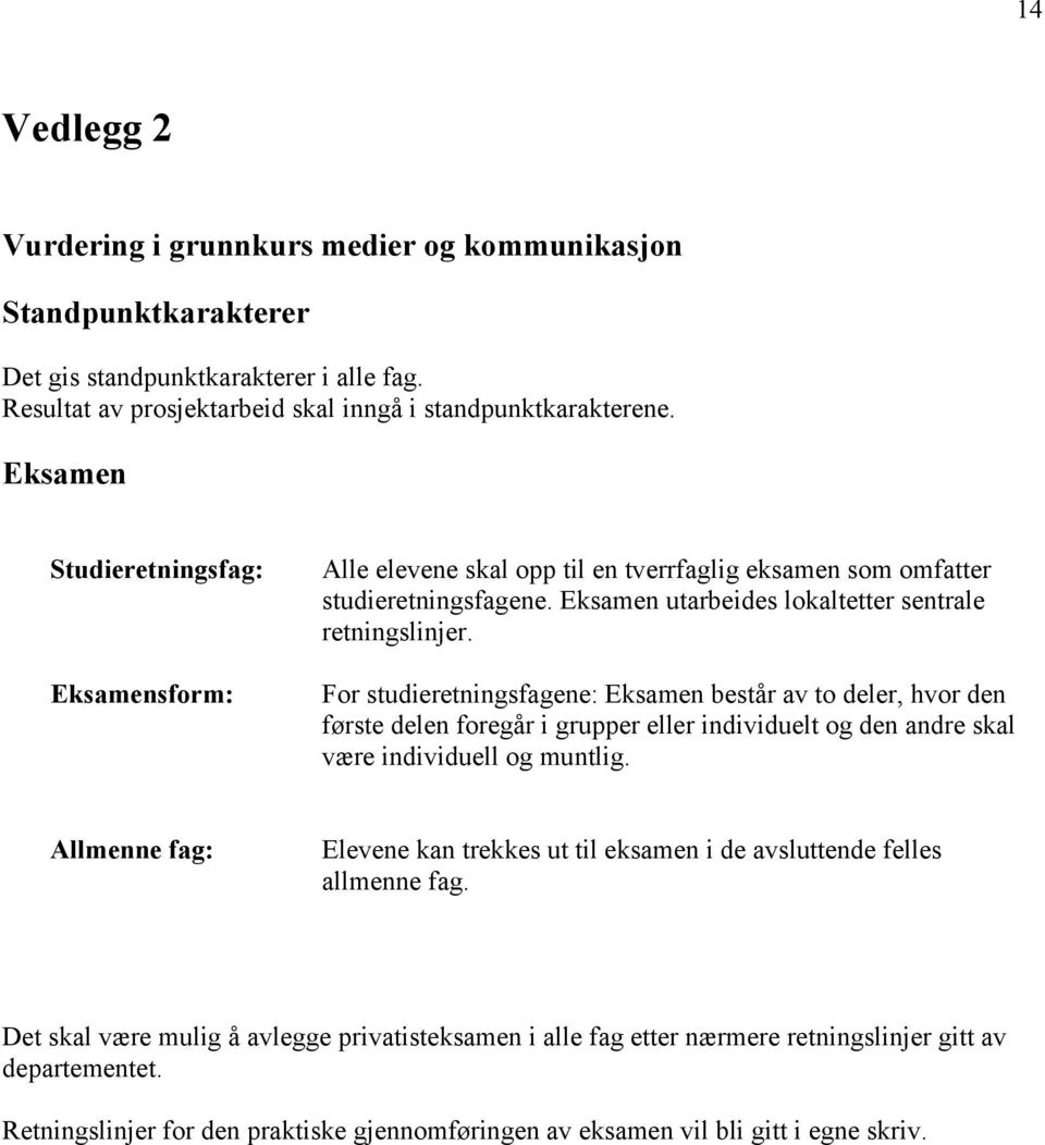 For studieretningsfagene: Eksamen består av to deler, hvor den første delen foregår i grupper eller individuelt og den andre skal være individuell og muntlig.