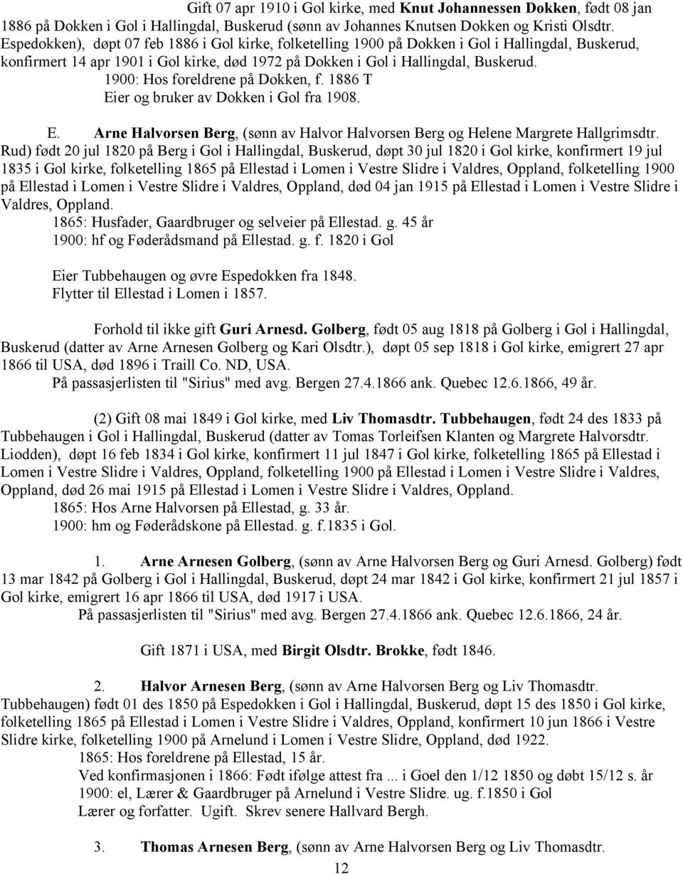 1900: Hos foreldrene på Dokken, f. 1886 T Eier og bruker av Dokken i Gol fra 1908. E. Arne Halvorsen Berg, (sønn av Halvor Halvorsen Berg og Helene Margrete Hallgrimsdtr.