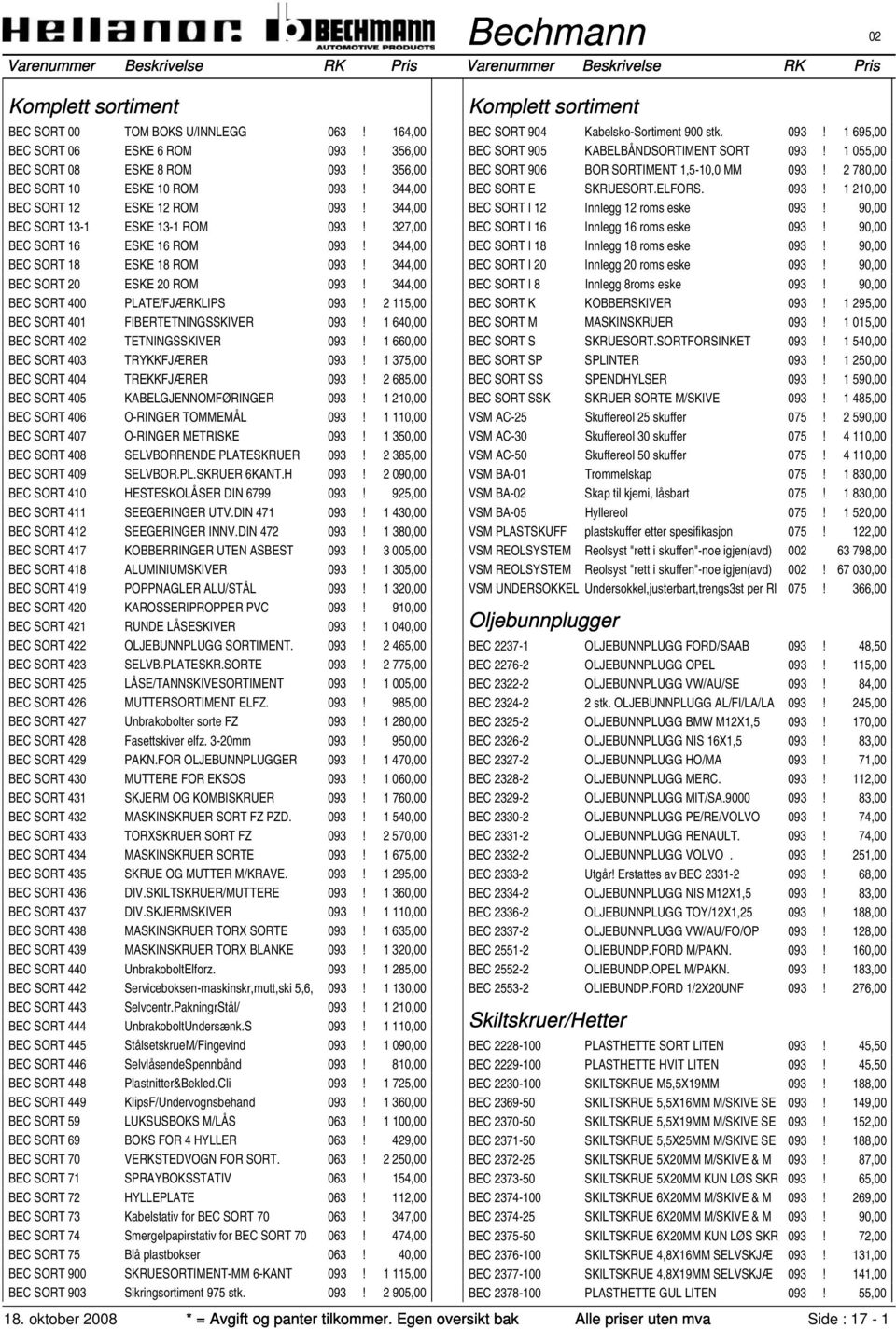 344,00 BEC SORT 400 PLATE/FJÆRKLIPS 093! 2 115,00 BEC SORT 401 FIBERTETNINGSSKIVER 093! 1 640,00 BEC SORT 402 TETNINGSSKIVER 093! 1 660,00 BEC SORT 403 TRYKKFJÆRER 093!