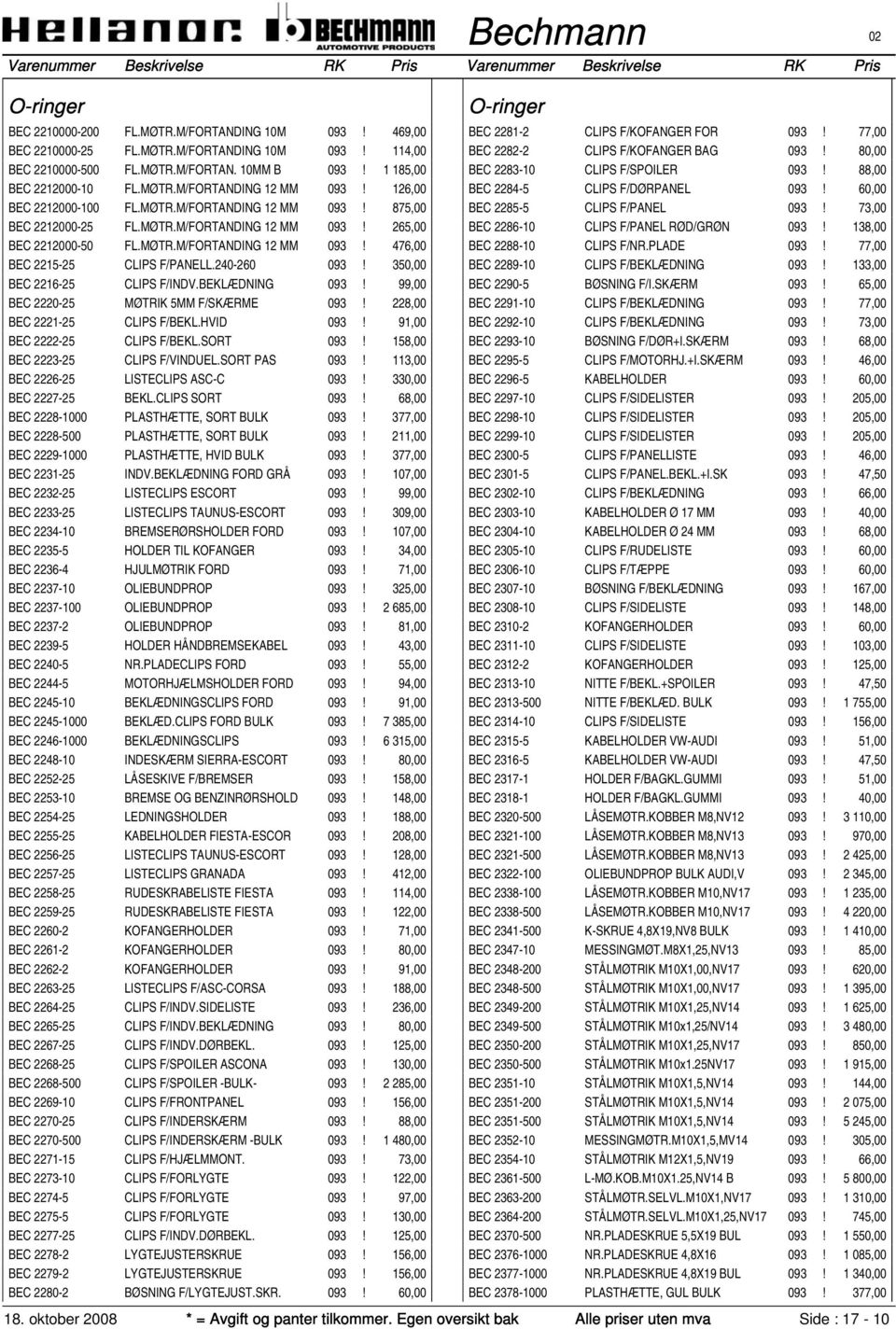 240-260 093! 350,00 BEC 2216-25 CLIPS F/INDV.BEKLÆDNING 093! 99,00 BEC 2220-25 MØTRIK 5MM F/SKÆRME 093! 228,00 BEC 2221-25 CLIPS F/BEKL.HVID 093! 91,00 BEC 2222-25 CLIPS F/BEKL.SORT 093!