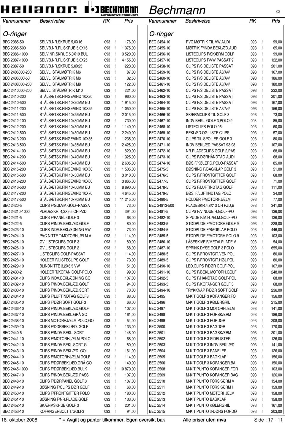 122,00 BEC 2410000-200 SELVL. STÅLMØTRIK M10 093! 221,00 BEC 2410-200 STÅLSÆTSK.FINGEVIND 10X20 093! 960,00 BEC 2410-500 STÅLSÆTSK.FIN 10x20MM BU 093! 1 915,00 BEC 2411-200 STÅLSÆTSK.