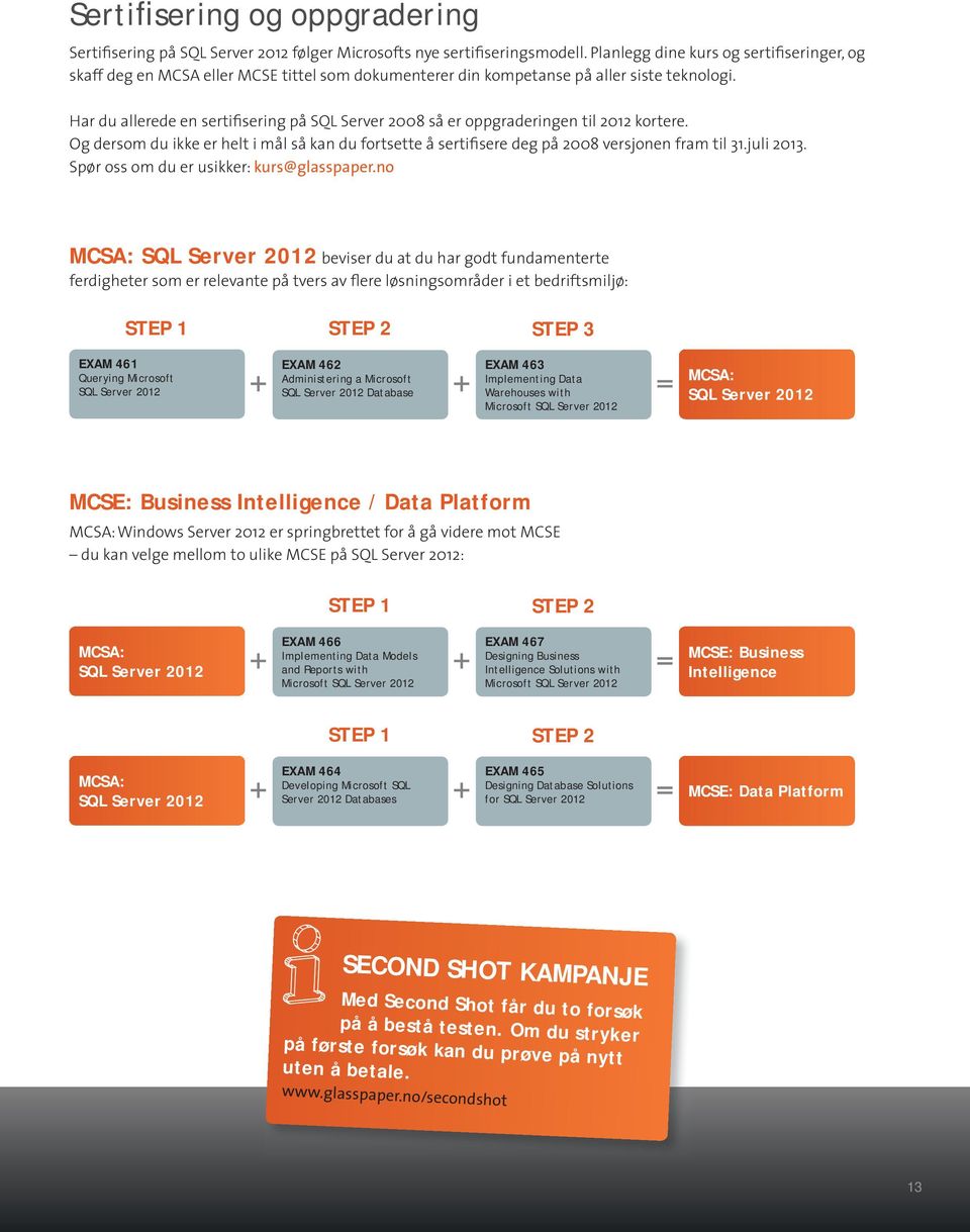 Har du allerede en sertifisering på SQL Server 2008 så er oppgraderingen til 2012 kortere. Og dersom du ikke er helt i mål så kan du fortsette å sertifisere deg på 2008 versjonen fram til 31.
