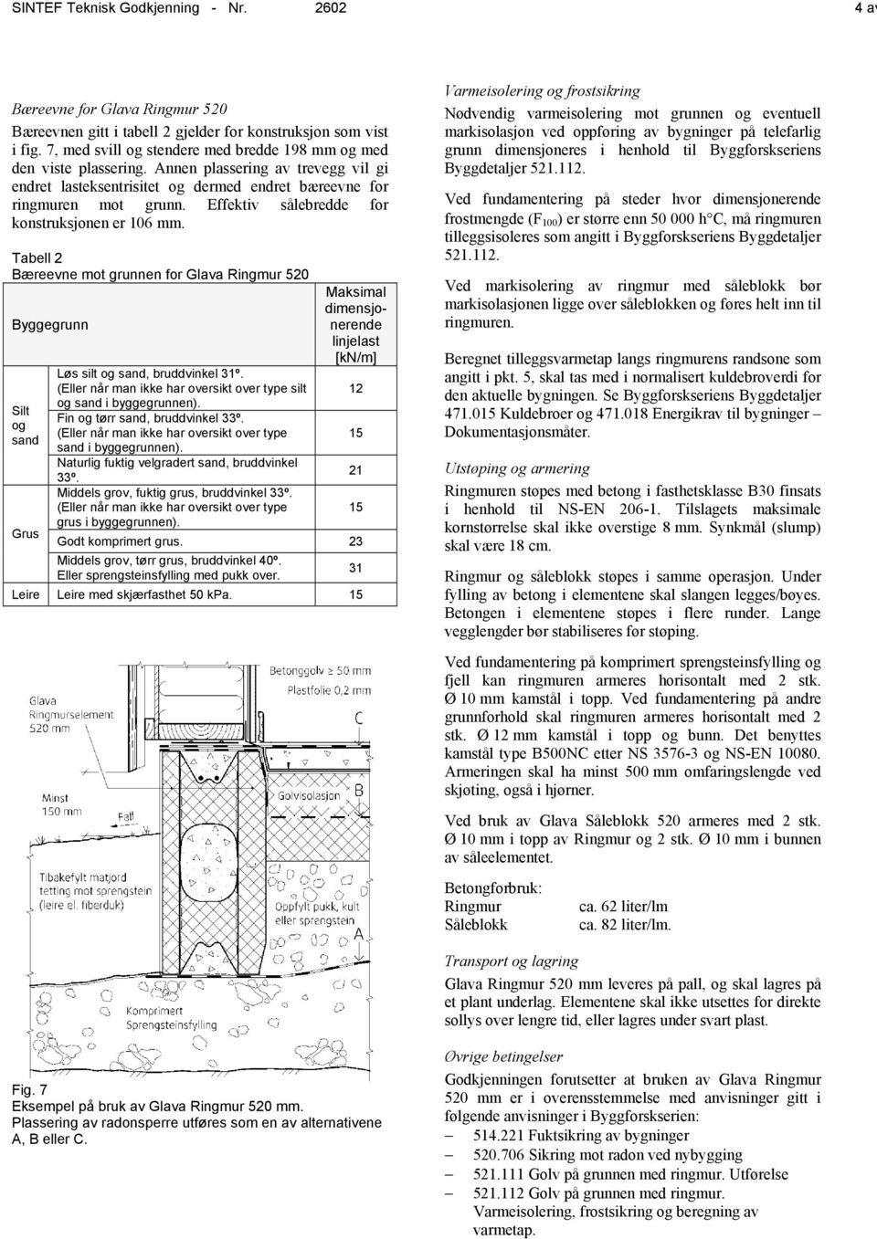 Effektiv sålebredde for konstruksjonen er 106 mm. Tabell 2 Bæreevne mot grunnen for Glava Ringmur 520 Silt og sand Grus Løs silt og sand, bruddvinkel 31º. silt og sand i byggegrunnen).