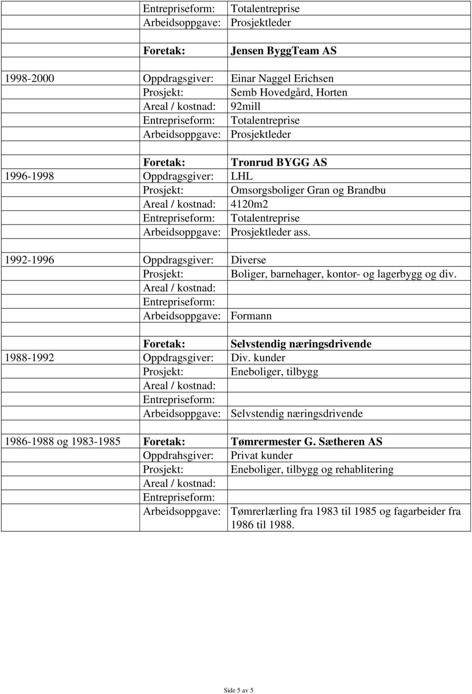 Arbeidsoppgave: Formann Foretak: Selvstendig næringsdrivende 1988-1992 Oppdragsgiver: Div.