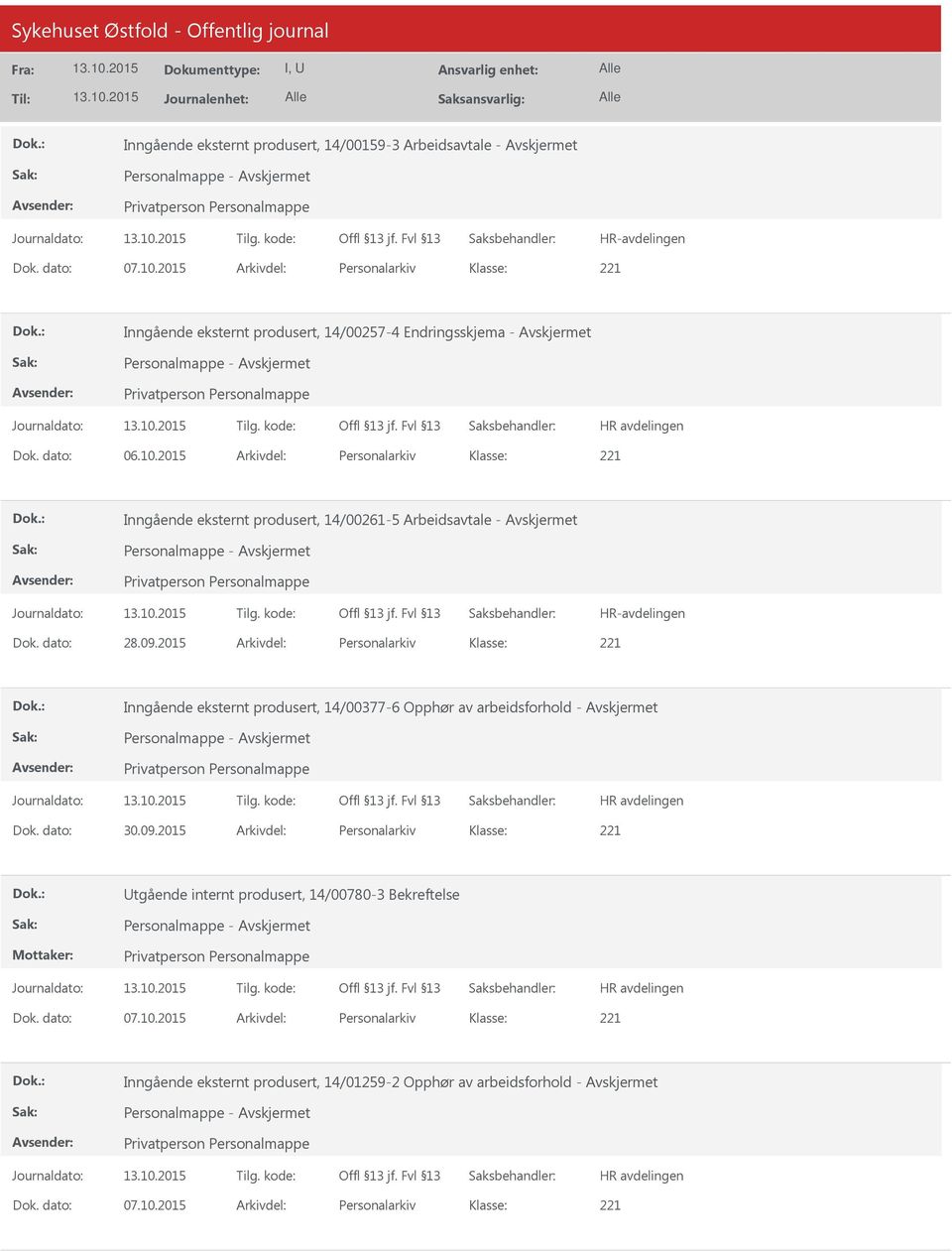 2015 Arkivdel: Personalarkiv Inngående eksternt produsert, 14/00261-5 Arbeidsavtale - Avskjermet Dok. dato: 28.09.