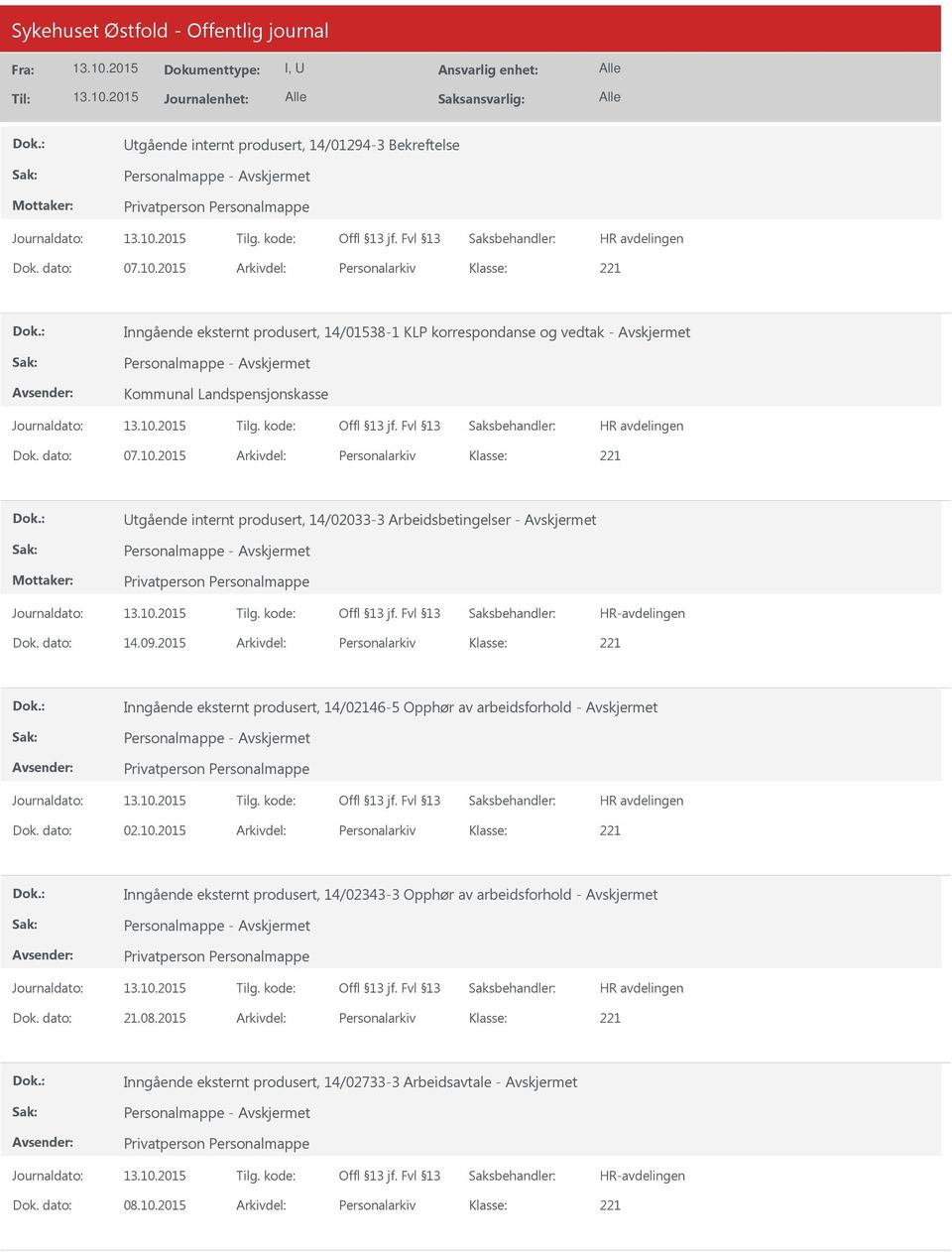 2015 Arkivdel: Personalarkiv Mottaker: tgående internt produsert, 14/02033-3 Arbeidsbetingelser - Avskjermet Dok. dato: 14.09.