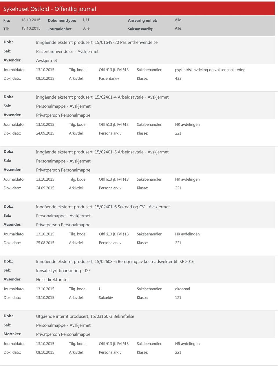 2015 Arkivdel: Personalarkiv Inngående eksternt produsert, 15/02401-5 Arbeidsavtale - Avskjermet Dok. dato: 24.09.