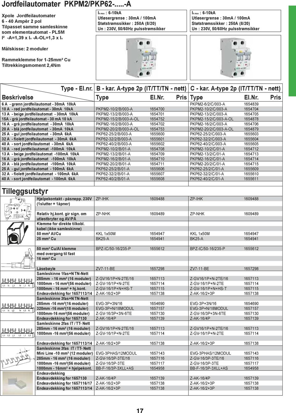 (8/20) Un : 230V, 50/60Hz pulsstrømsikker Ik max : 6-10kA Utløsergrense : 30mA / 100mA Støtstrømssikker : 250A (8/20) Un : 230V, 50/60Hz pulsstrømsikker Målskisse: 2 moduler Rammeklemme for 1-25mm²