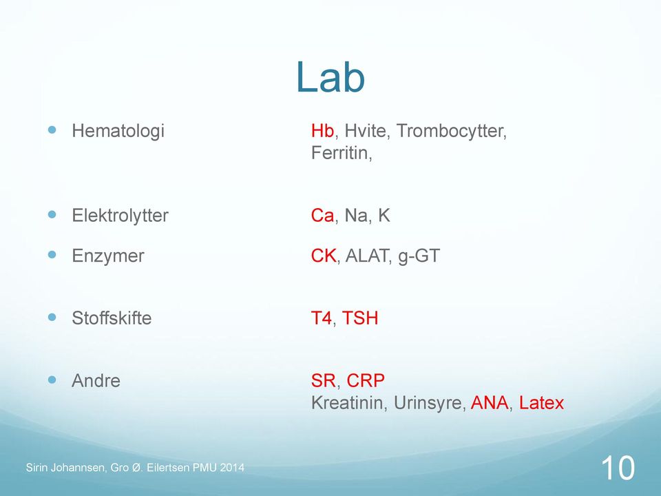 CK, ALAT, g-gt Stoffskifte T4, TSH Andre