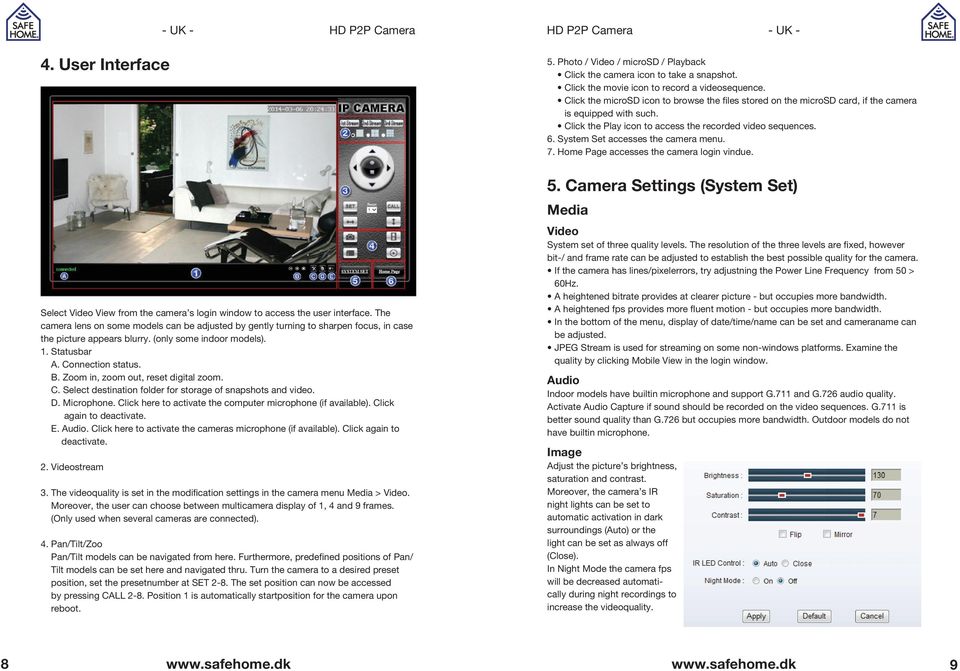 Zoom in, zoom out, reset digital zoom. C. Select destination folder for storage of snapshots and video. D. Microphone. Click here to activate the computer microphone (if available).