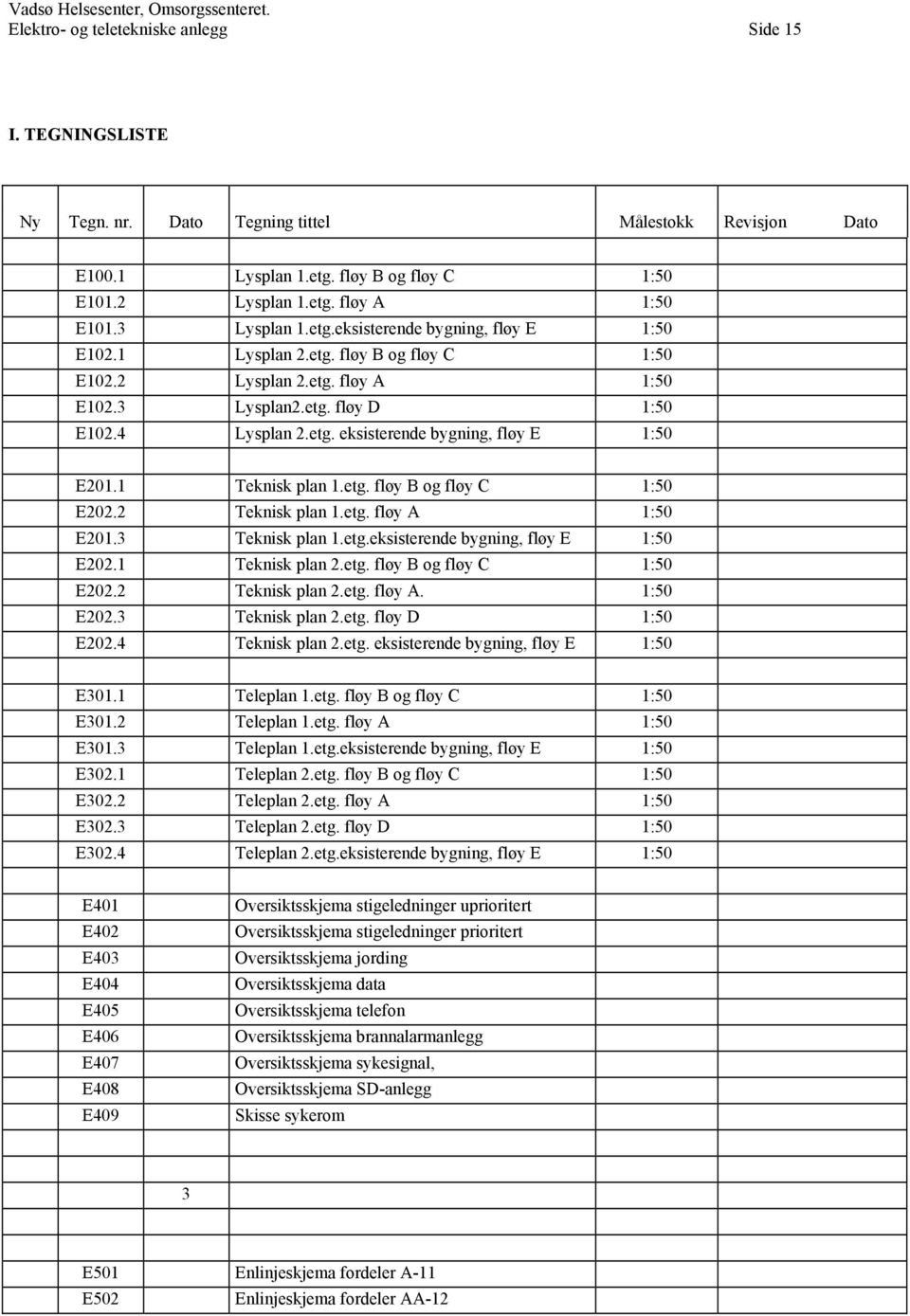 4 Lysplan 2.etg. eksisterende bygning, fløy E 1:50 E201.1 Teknisk plan 1.etg. fløy B og fløy C 1:50 E202.2 Teknisk plan 1.etg. fløy A 1:50 E201.3 Teknisk plan 1.etg.eksisterende bygning, fløy E 1:50 E202.