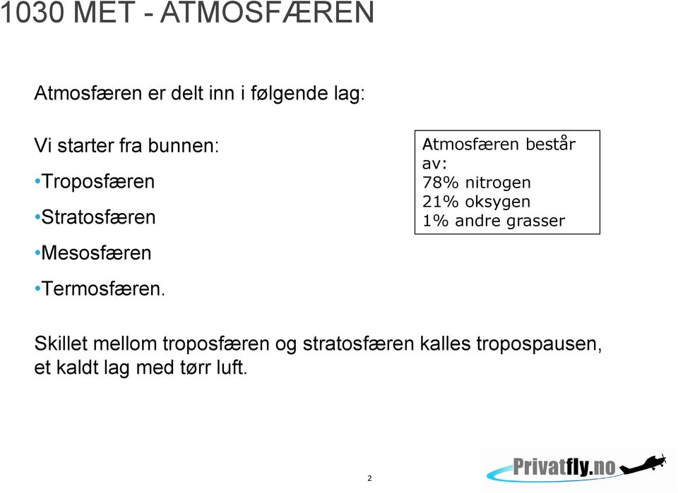 Atmosfæren består av: 78% nitrogen 21% oksygen 1% andre grasser Skillet