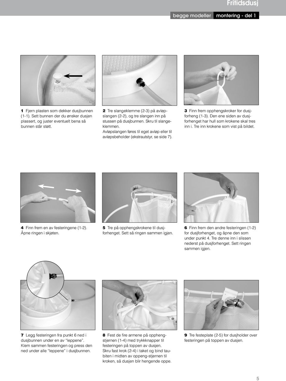 Avløpslangen føres til eget avløp eller til avløpsbeholder (ekstrautstyr, se side 7). 3 Finn frem opphengskroker for dusjforheng (1-3).