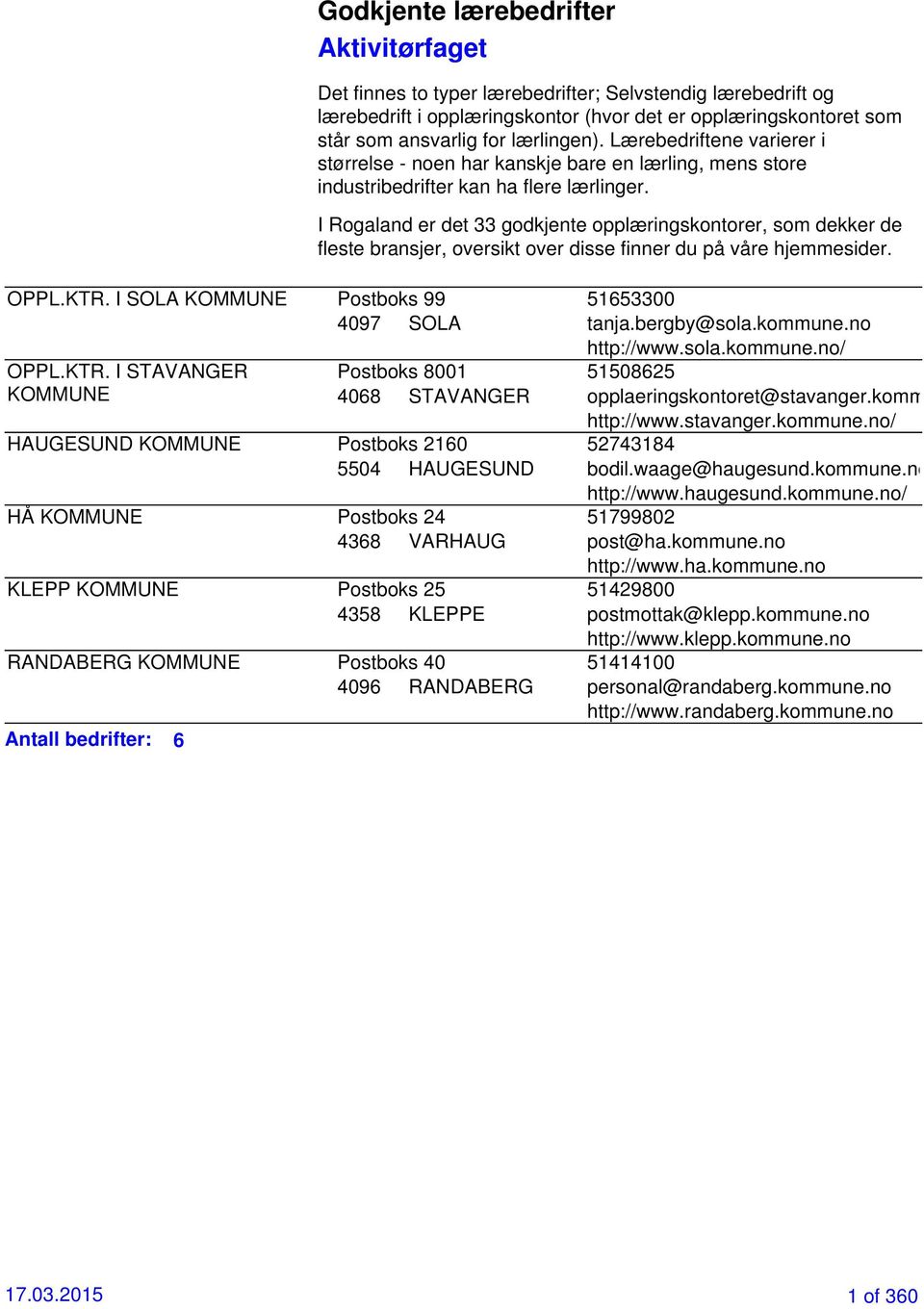 I Rogaland er det 33 godkjente opplæringskontorer, som dekker de fleste bransjer, oversikt over disse finner du på våre hjemmesider. OPPL.KTR. I SOLA KOMMUNE Postboks 99 51653300 4097 SOLA tanja.