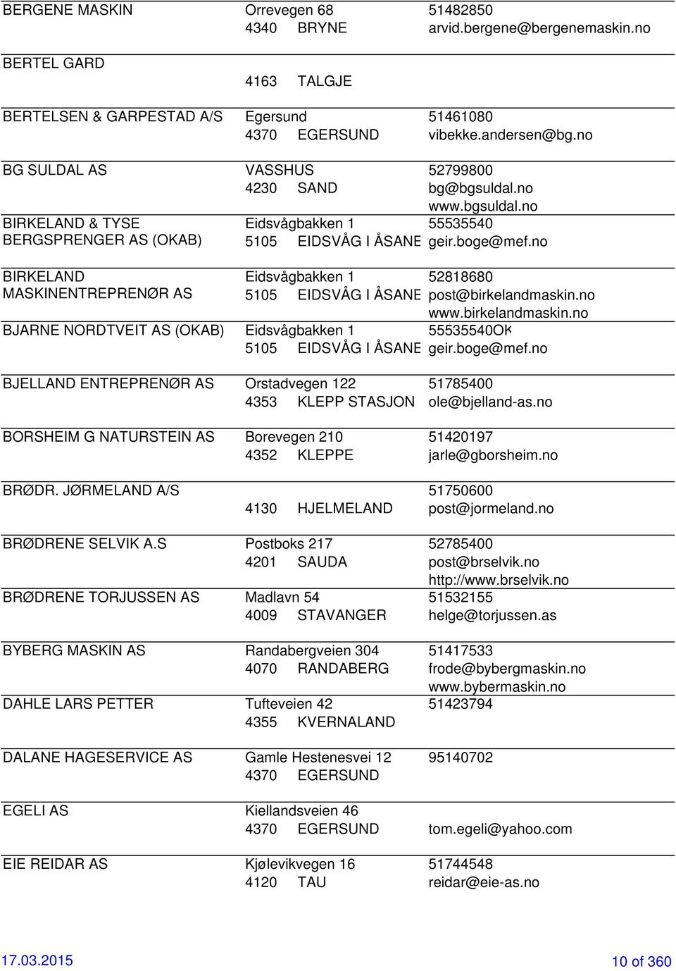 no www.bgsuldal.no Eidsvågbakken 1 55535540 5105 EIDSVÅG I ÅSANE geir.boge@mef.no BIRKELAND Eidsvågbakken 1 52818680 MASKINENTREPRENØR AS 5105 EIDSVÅG I ÅSANE post@birkelandmaskin.