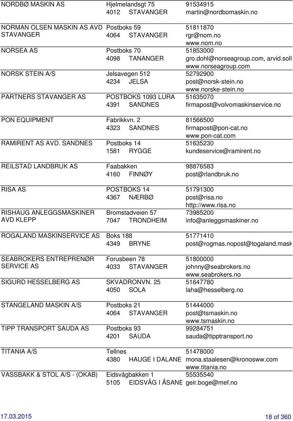 no PARTNERS STAVANGER AS POSTBOKS 1093 LURA 51635070 4391 SANDNES firmapost@volvomaskinservice.no PON EQUIPMENT Fabrikkvn. 2 81566500 4323 SANDNES firmapost@pon-cat.no www.pon-cat.com RAMIRENT AS AVD.