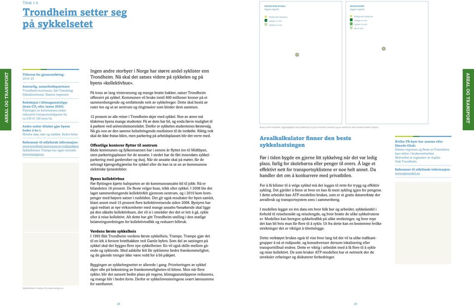 Areal og transport Tidsrom for gjennomføring: 2010 25 Ansvarlig, samarbeidspartnere: Trondheim kommune, Sør-Trøndelag fylkeskommune, Statens vegvesen Reduksjon i klimagassutslipp: (tonn CO 2 -ekv,