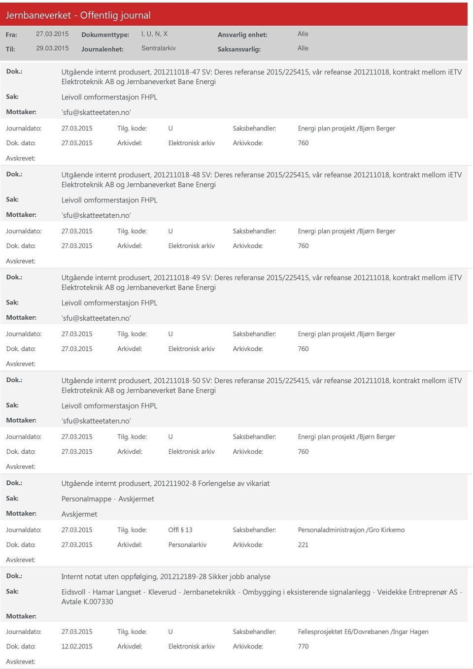 no' Energi plan prosjekt /Bjørn Berger 760 tgående internt produsert, 201211018-48 SV: Deres referanse 2015/225415, vår refeanse 201211018, kontrakt mellom ietv Elektroteknik AB og Jernbaneverket