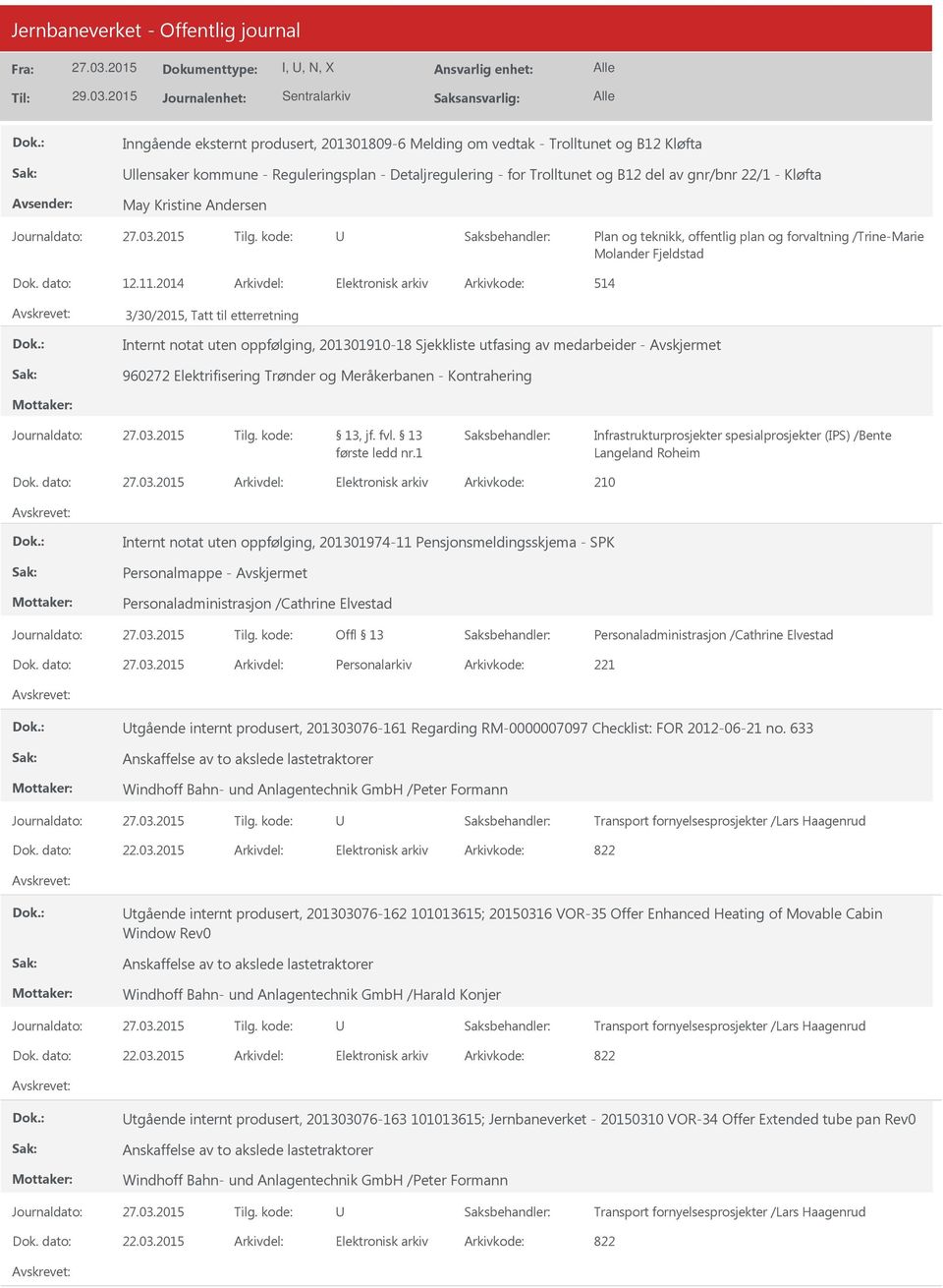 2014 514 3/30/2015, Tatt til etterretning Internt notat uten oppfølging, 201301910-18 Sjekkliste utfasing av medarbeider - 960272 Elektrifisering Trønder og Meråkerbanen - Kontrahering 13, jf. fvl.