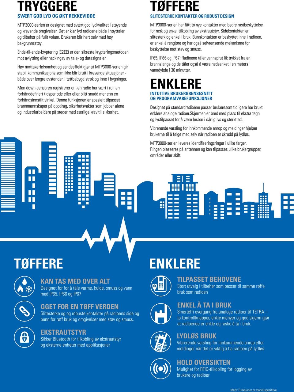 Høy mottakerfølsomhet og sendeeffekt gjør at MTP3000-serien gir stabil kommunikasjons som ikke blir brutt i krevende situasjoner - både over lengre avstander, i tettbebygd strøk og inne i bygninger.