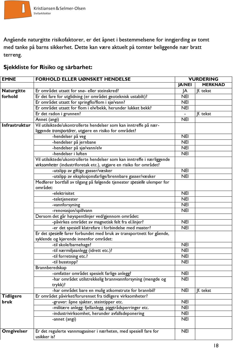 tekst forhold Er det fare for utglidning (er området geoteknisk ustabilt)? Er området utsatt for springflo/flom i sjø/vann? Er området utsatt for flom i elv/bekk, herunder lukket bekk?